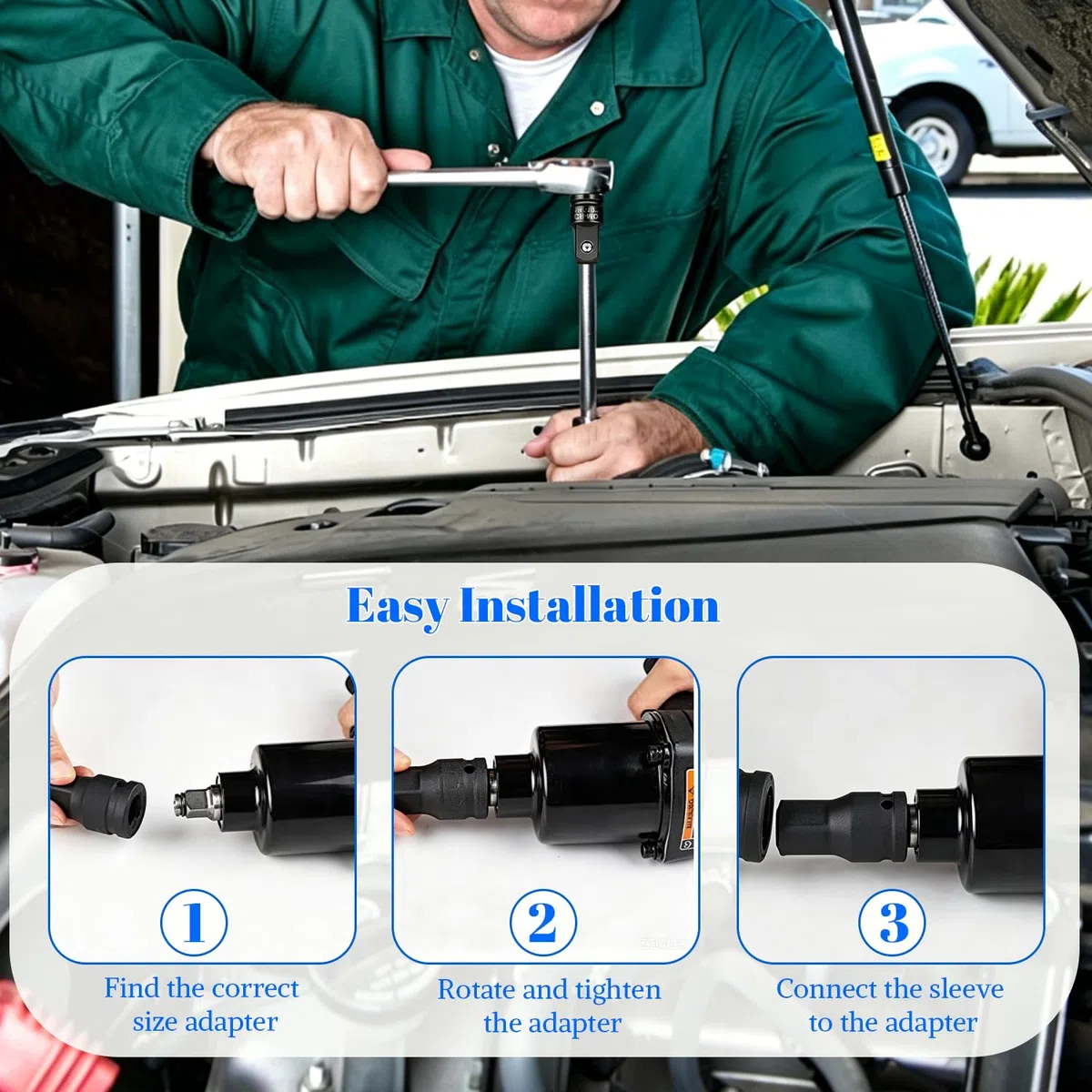 Adaptador 3/8 a 1/2 de Acero Cromo Vanadio Adaptador Carraca para Reparaciones de Automoción y Maquinaria Juego de Adaptadores con Bloqueo y Medidas 1/2 3/8 1/4