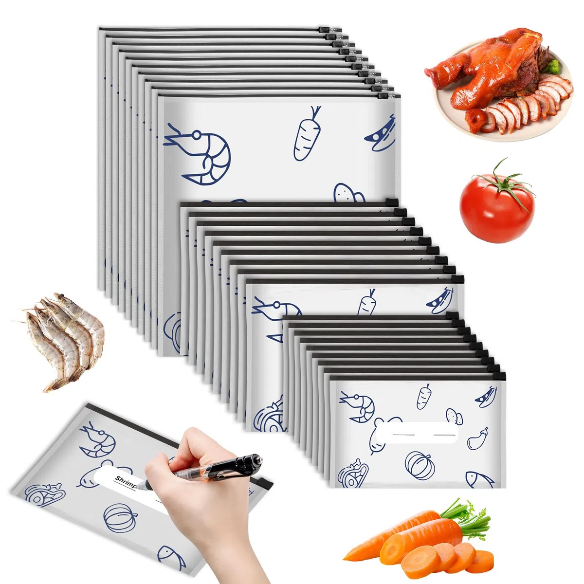 Bolsas de congelación con cremallera, 60 unidades, 3 tamaños, reutilizables, con cierre, bolsas de almacenamiento de papel de aluminio, bolsas con cremallera para verduras, leche, carne