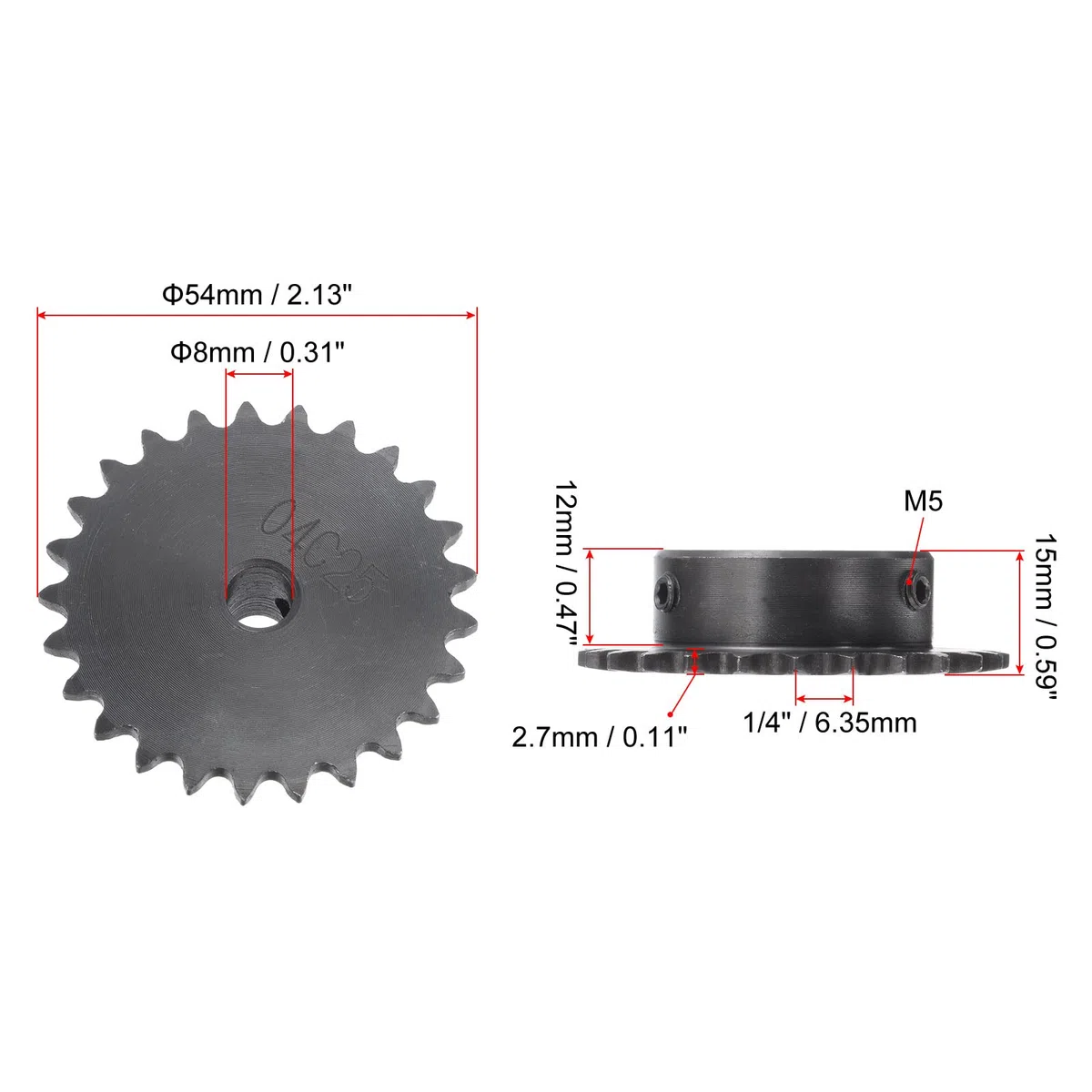 sourcing map 25 Dientes Piñón Tipo B Único Filamento 1/4" Paso, 8mm Calibre Negro Óxido C45 Carbono Acero con 2 Fijación Tornillos para ISO 04C