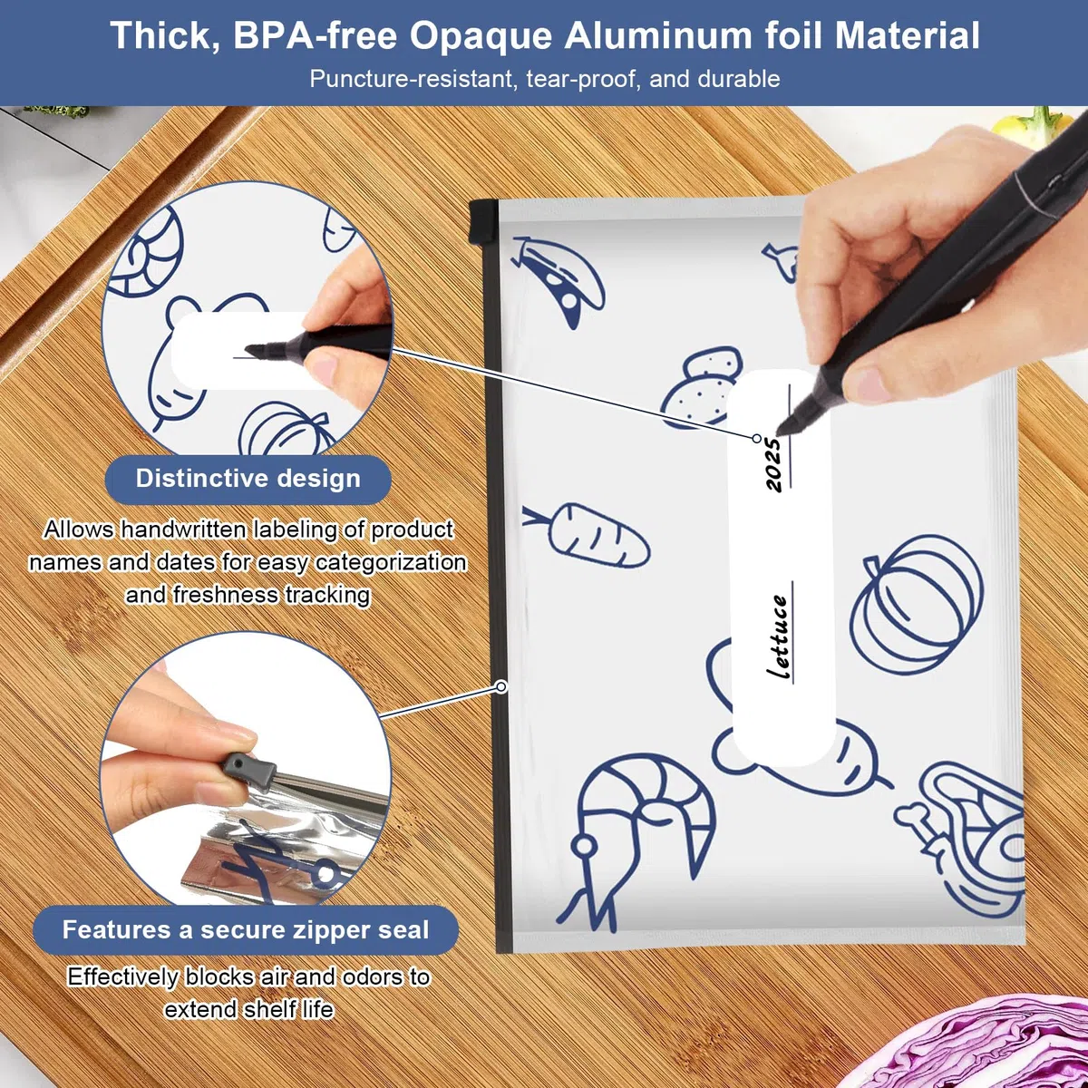 Bolsas de congelación con cremallera, 60 unidades, 3 tamaños, reutilizables, con cierre, bolsas de almacenamiento de papel de aluminio, bolsas con cremallera para verduras, leche, carne