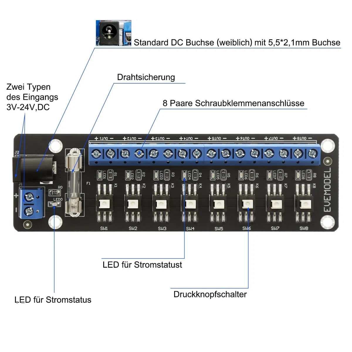 Evemodel 1 juego de interruptores de 3-24 V CC, interruptor de conmutación, distribuidor de corriente, regleta de distribución de corriente (8 interruptores)