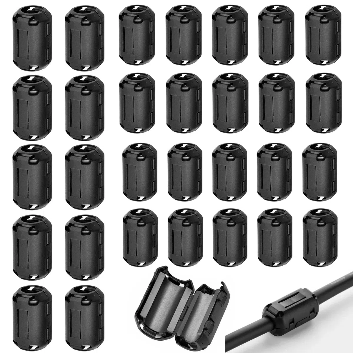 Núcleos de ferrita para cables, 30 piezas de núcleo de ferrita enganchable, supresor de ruido EMI con clip para cables de 3.5 mm, 5 mm, 7 mm de diámetro interior para cables USB, audio y video, y