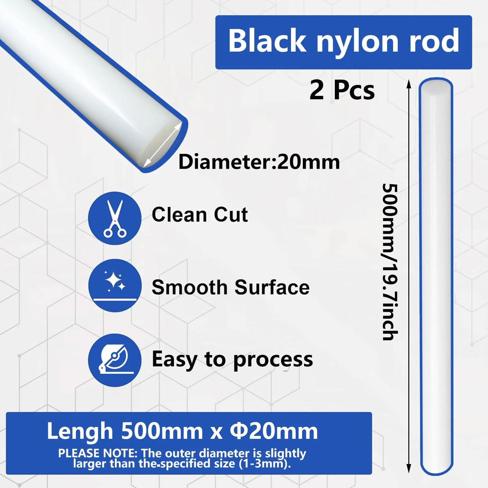 Pack de 2 Barras de Nylon PA6 500mm Blancas OD20–40mm Redondas Sólidas Varilla Plástica de Ingeniería para Mecanizado y Bricolaj,20mm