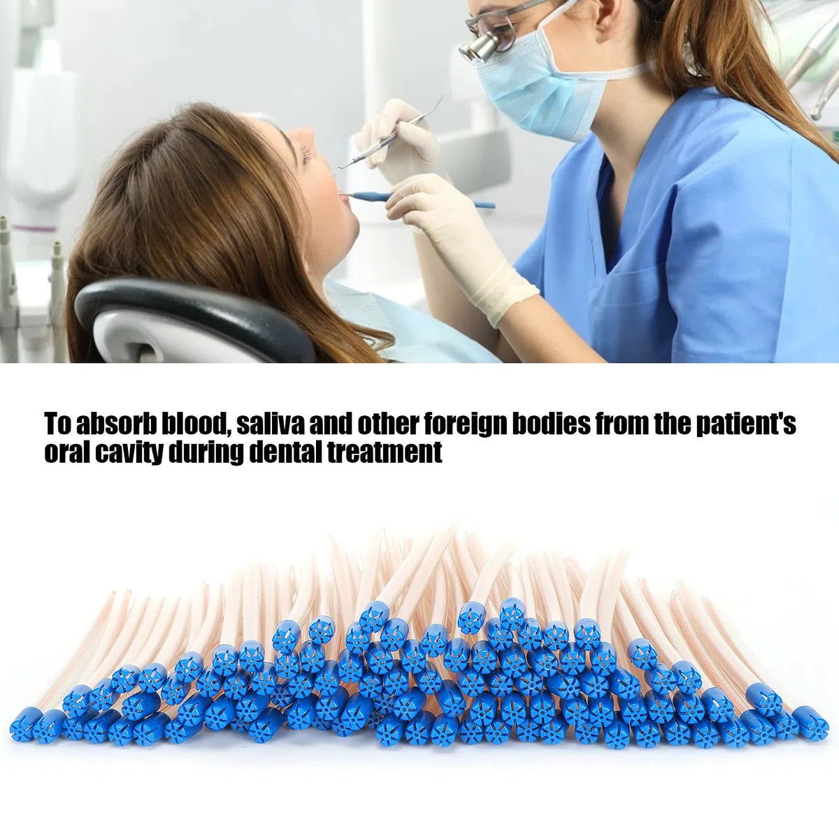 100 Pajitas Desechables para Eyector de Saliva, Puntas de Succión sin Látex, Tubo Transparente Flexible con Puntas Azules, Accesorios para el Cuidado Bucal