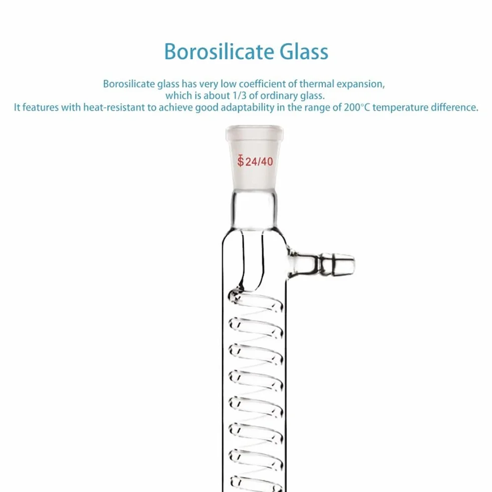 Condensador de Vidrio de Borosilicato con Conector 24/40, Longitud de Chaqueta de 300 Mm, Condensador de Vidrio de Laboratorio, Tubo Condensador Serpentino
