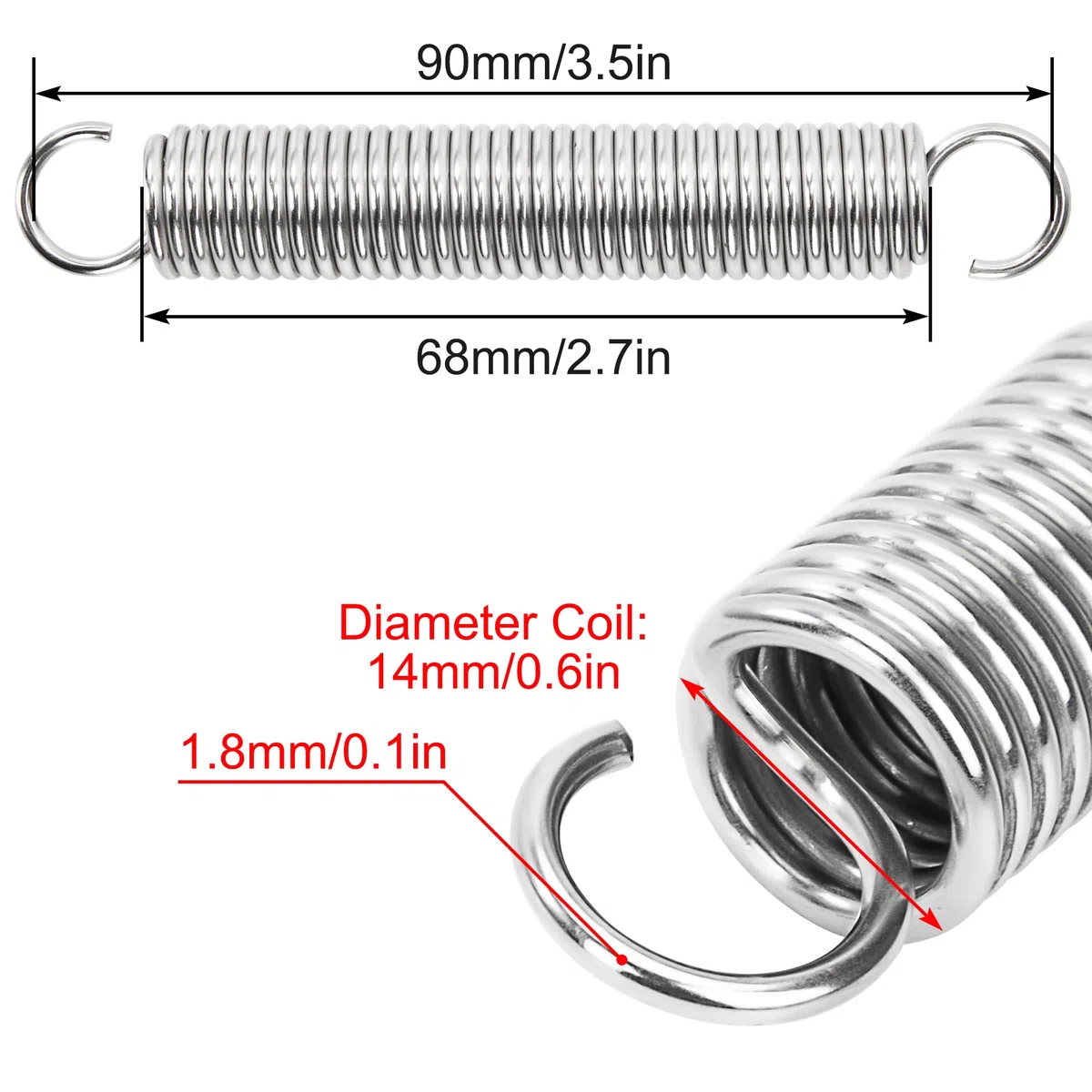 Resortes de Extensión 90mm Muelles de Tensión con Gancho Muelle de Acero Inoxidable Diámetro Exterior 14mm Diámetro Alambre 1,8 mm Fuerza Resorte 7,60KG 4 Piezas