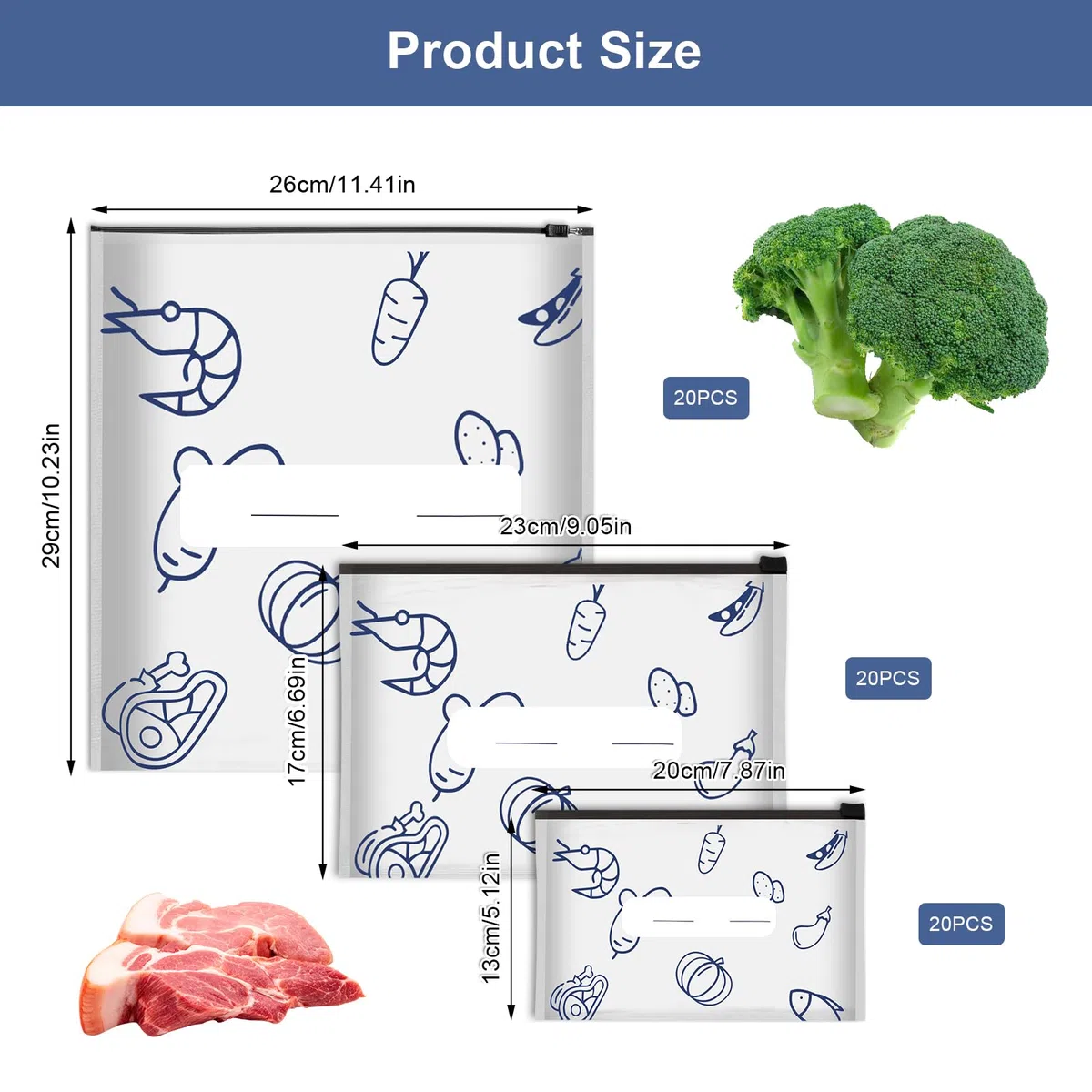 Bolsas de congelación con cremallera, 60 unidades, 3 tamaños, reutilizables, con cierre, bolsas de almacenamiento de papel de aluminio, bolsas con cremallera para verduras, leche, carne
