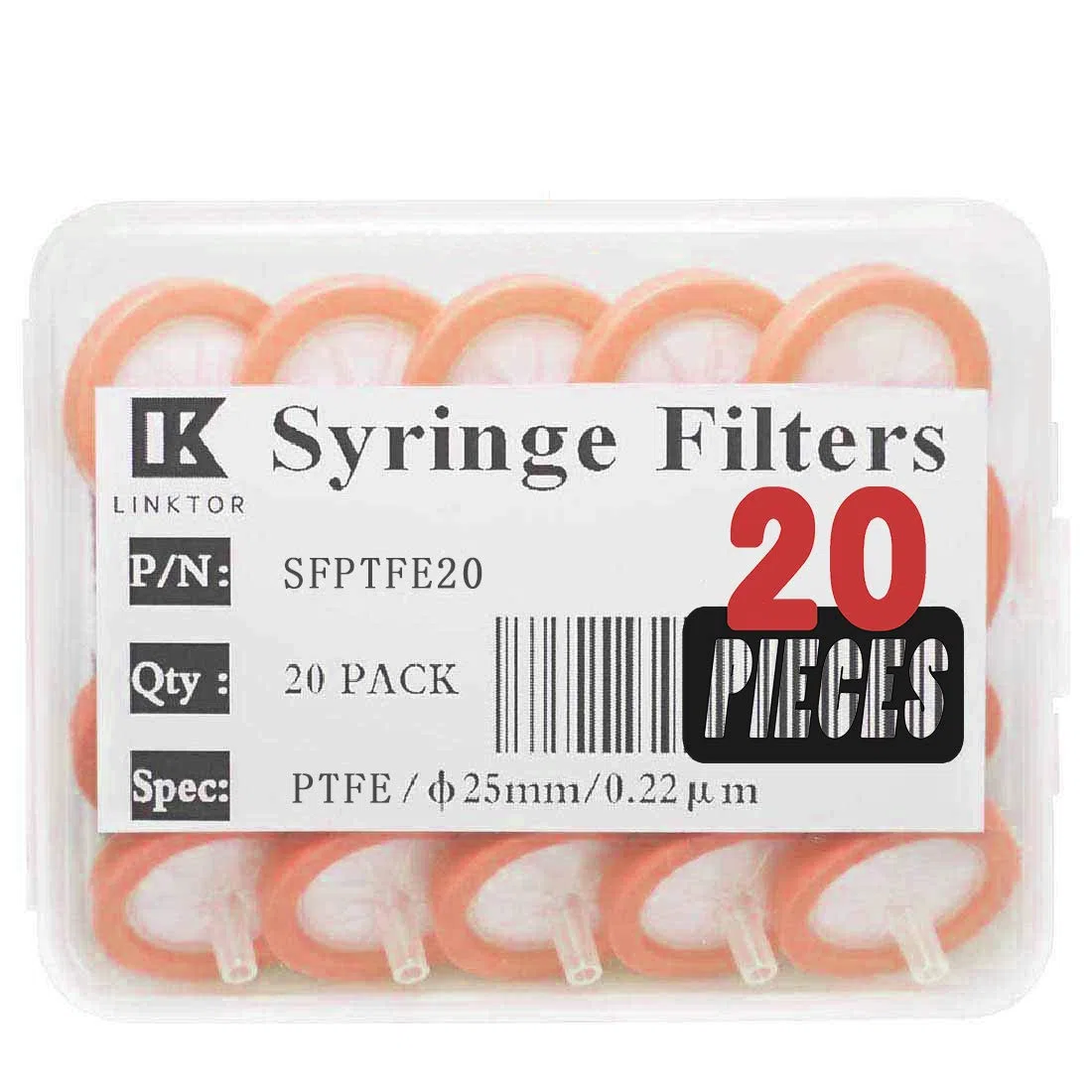 LINKTOR 20 filtros de jeringa de PTFE de 25 mm de diámetro, tamaño de poro de 0,22 µm, no estéril