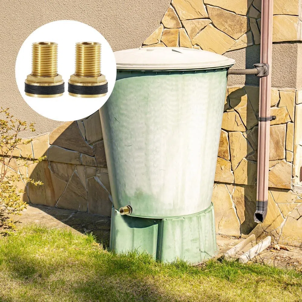 2 unidades de latón para depósito de agua de lluvia, rosca exterior de 3/4 pulgadas x rosca interior de 1/2 pulgadas, incluye atornillado para el depósito, para grifos, barriles de agua y tanques de