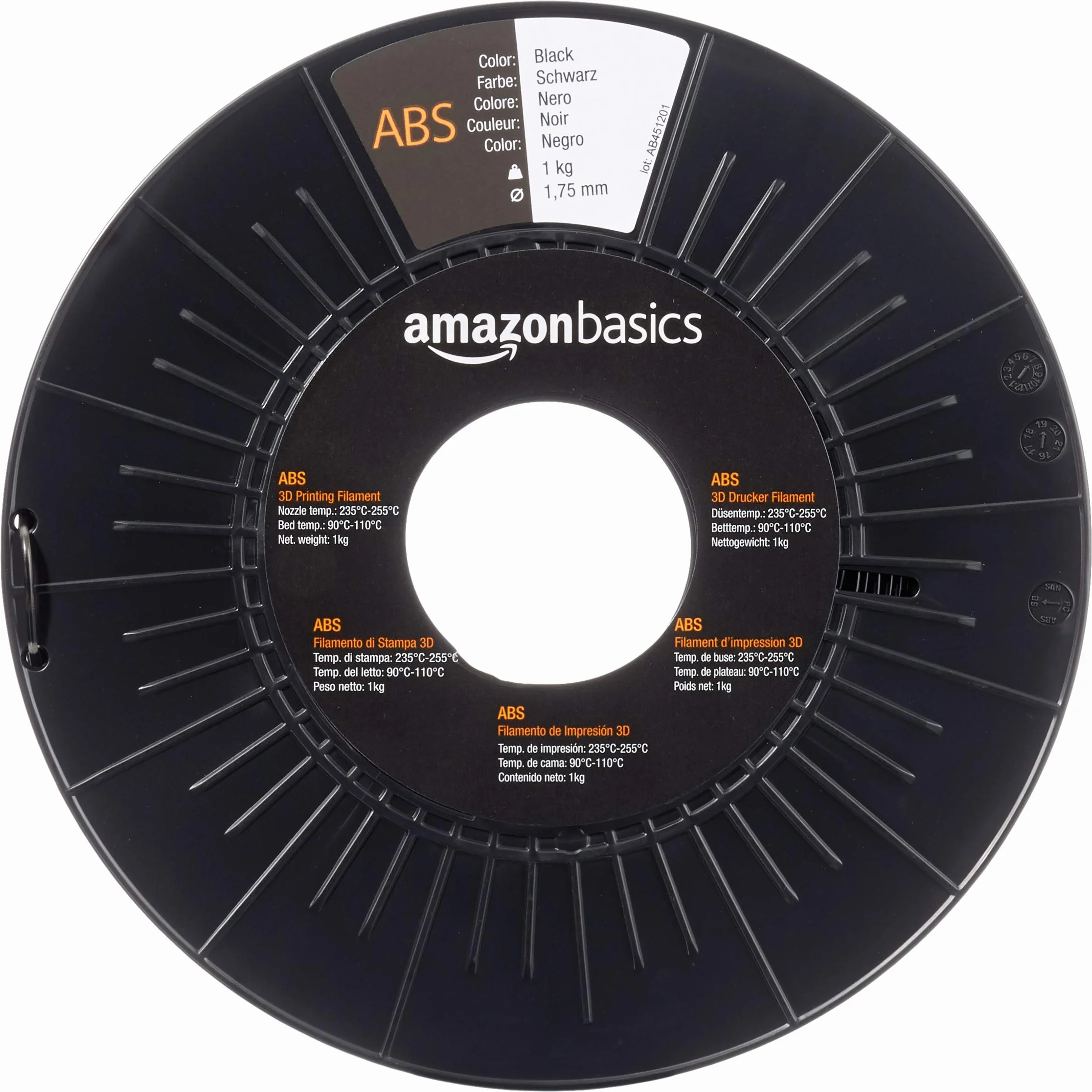 Amazon Basics Filamento para impresora 3D, plástico ABS, cinta de 1 kg, 1.75 mm, negro