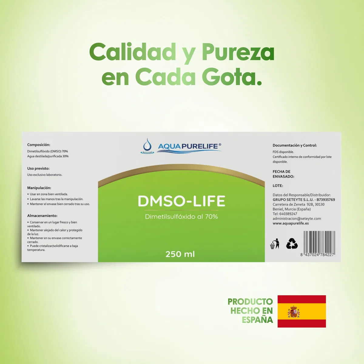 DMSO 70% 250 ml - Dimetilsulfóxido Calidad Farmacéutica 99,9% Pureza - Disolvente Universal Certificado Farmacopea Europea Ph. EUR - Botella Cristal Ámbar con Spray Incluido