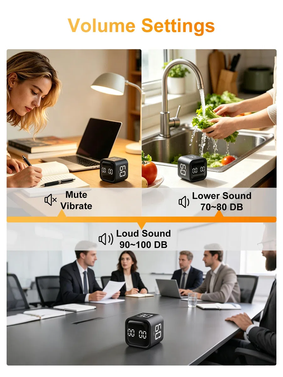 VOBOR Cubo Temporizador Pomodoro Digital, 5/10/30/60 Minutos y Cuenta Atrás Personalizada, Alerta de Vibración y Sonido Ajustable, para Cocina, Estudio, Oficina, Niños, Ejercicio y TDAH (Blanco)