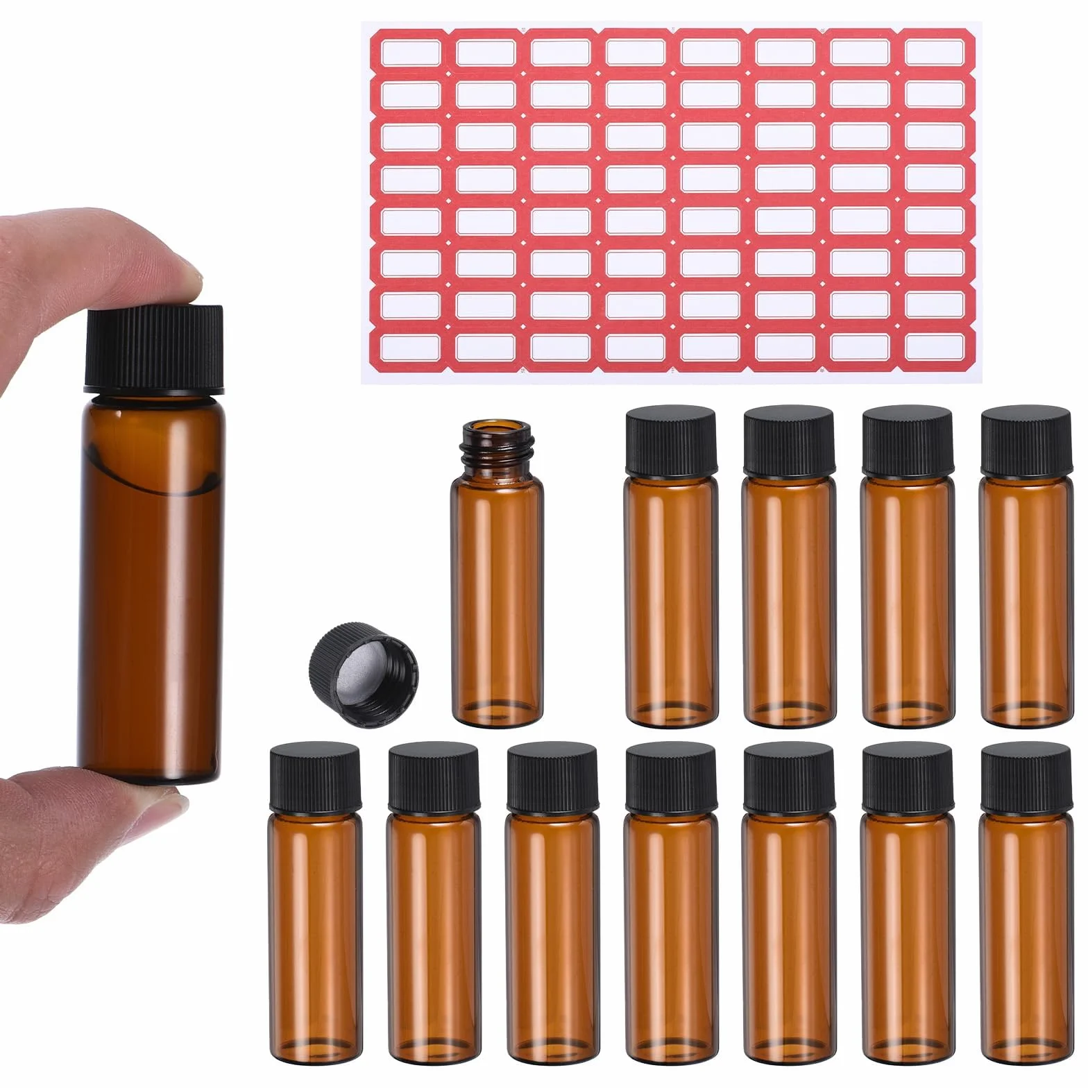 PATIKIL Frasco de Vidrio Ámbar 15 ml, Paquete 12 Frascos Muestra con Tapa Rosca, Etiqueta, a Prueba de Fugas
