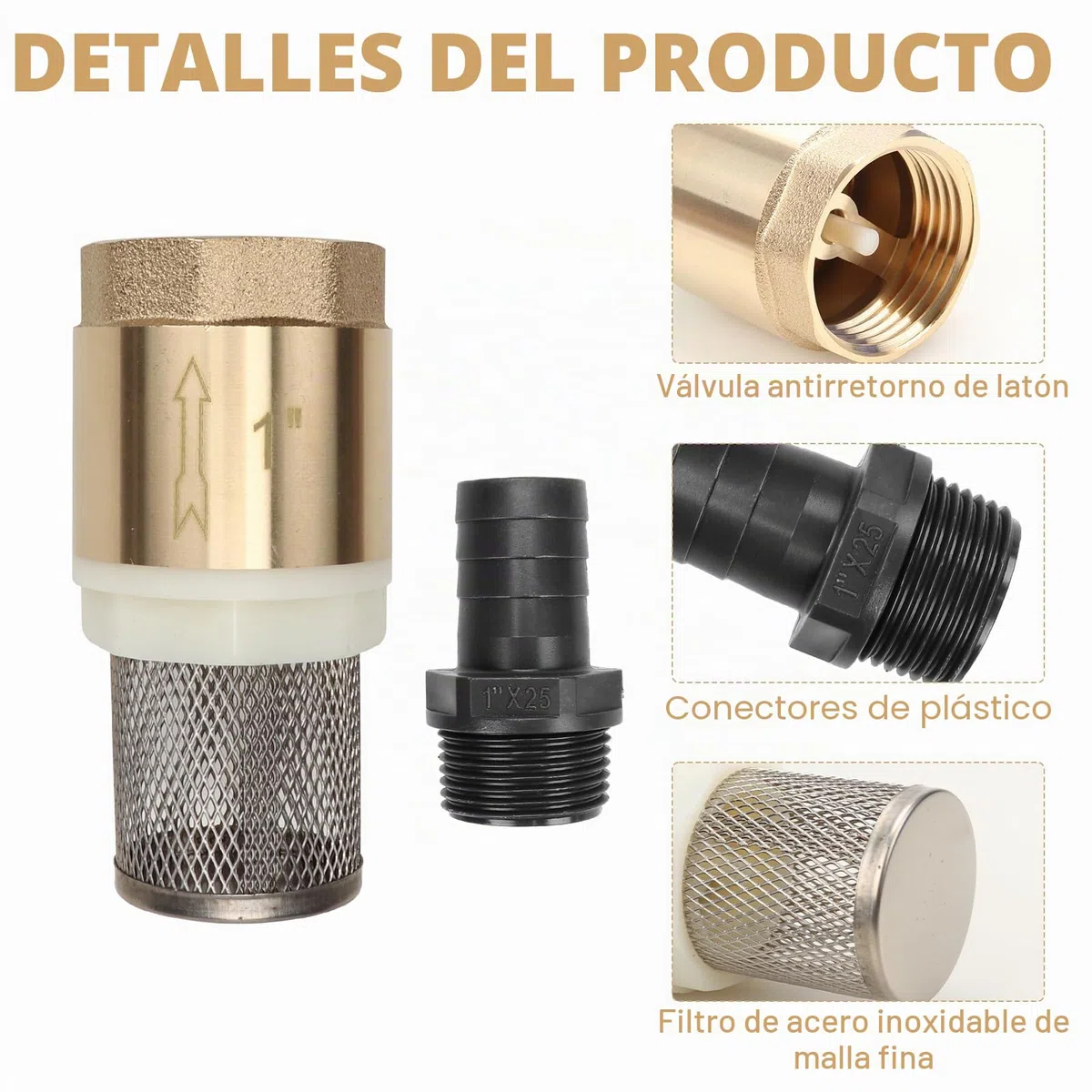 Válvula antirretorno de latón, 1 pulgada, filtro de succión con tope de retorno, válvula de pie, válvula antirretorno con 4 abrazaderas (18-32 mm) y 2 conexiones de manguera de 20 mm/Ø 25 mm
