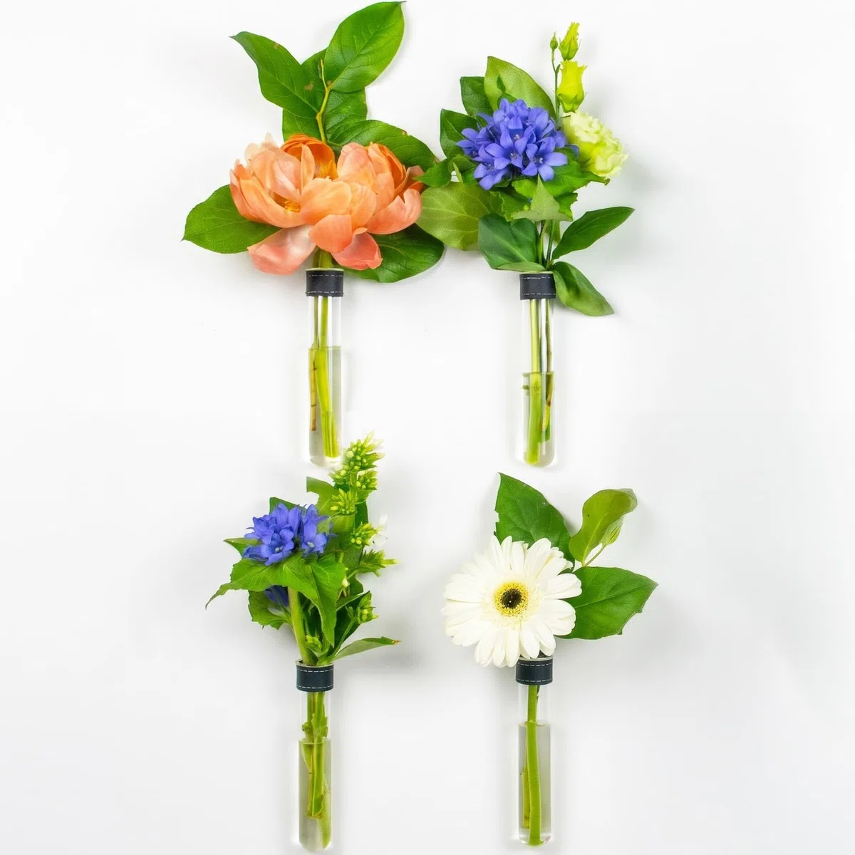 Tubos de ensayo para flores con cuero negro e imán de pared - Juego de 4 - Florero, tubos de ensayo con soporte, tubo de ensayo de pared, jarrón magnético