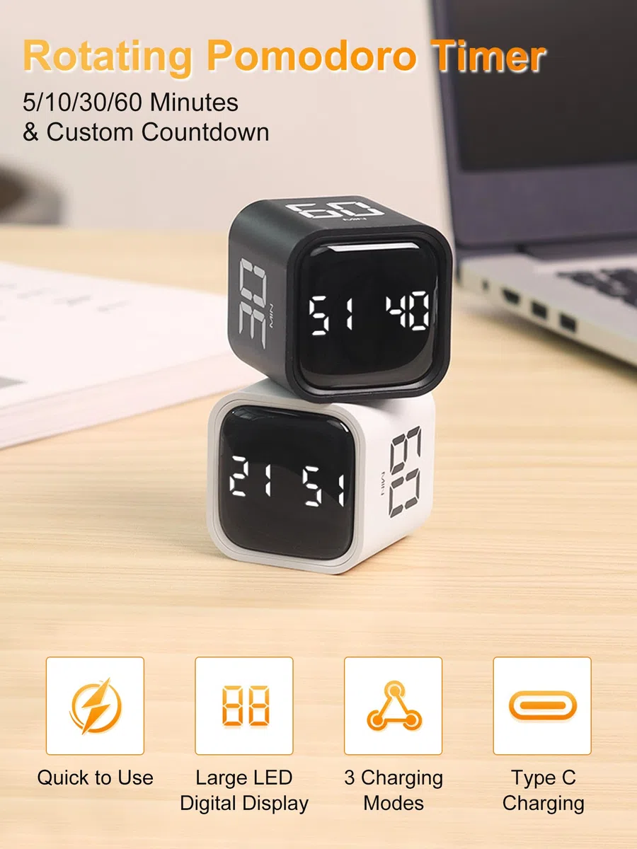 VOBOR Cubo Temporizador Pomodoro Digital, 5/10/30/60 Minutos y Cuenta Atrás Personalizada, Alerta de Vibración y Sonido Ajustable, para Cocina, Estudio, Oficina, Niños, Ejercicio y TDAH (Blanco)