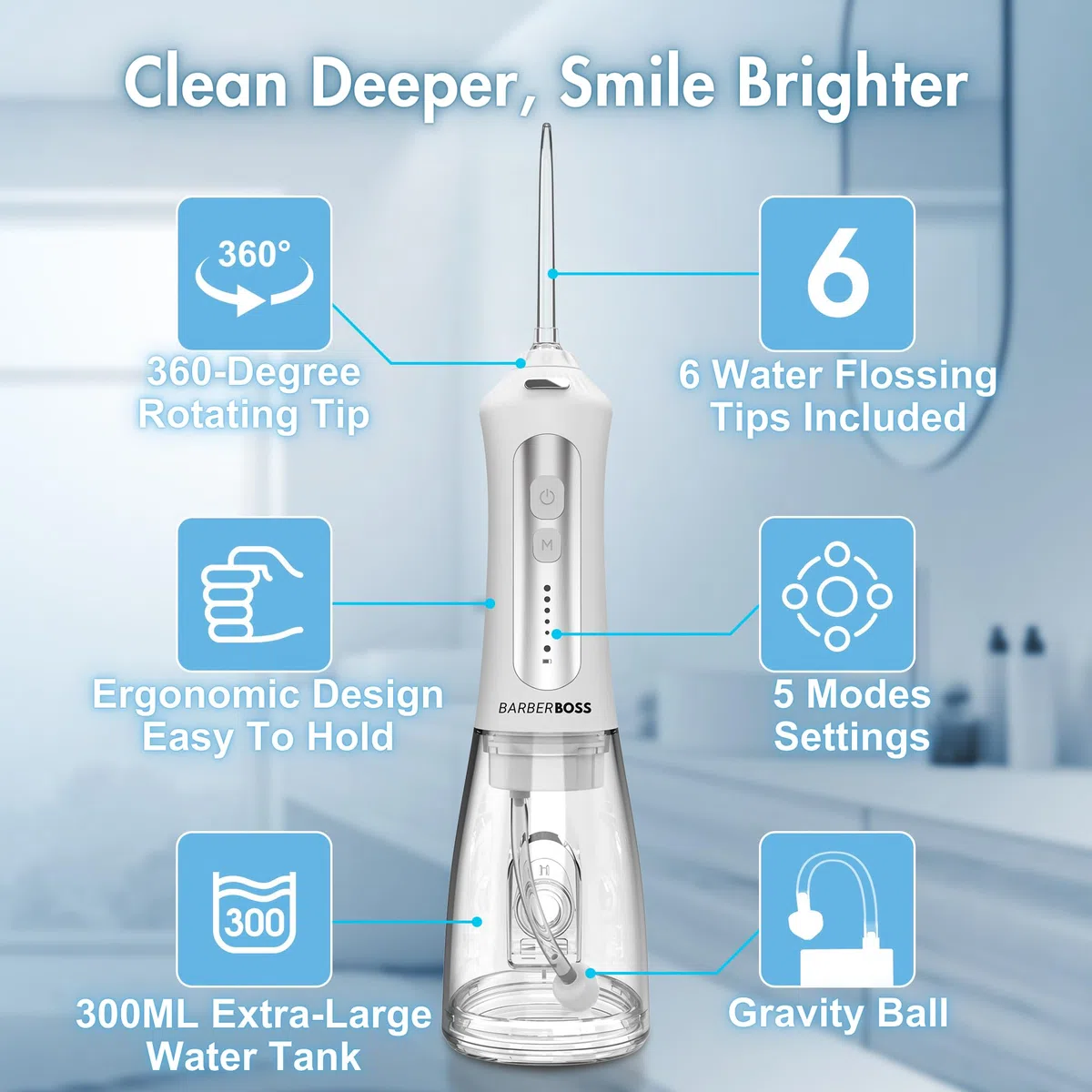 Barberboss Hilo dental portátil para dientes, irrigador oral recargable, kit de hilo dental con 5 ajustes de presión, 5 boquillas intercambiables, tanque de agua de 300 ml y diseño fácil