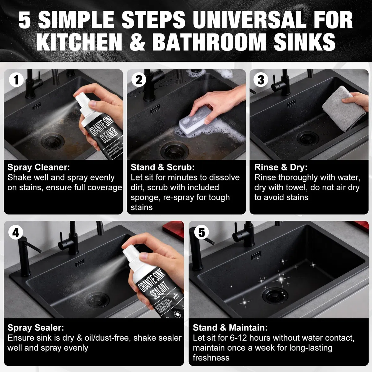 Granite Sink Cleaner, Impregnación para Fregaderos de Granito, Limpiador Fregadero Granito, con 1 Esponjas y 1 Paño de Microfibra, Limpieza, Impermeabilización y Sellado Fregadeross Granitos