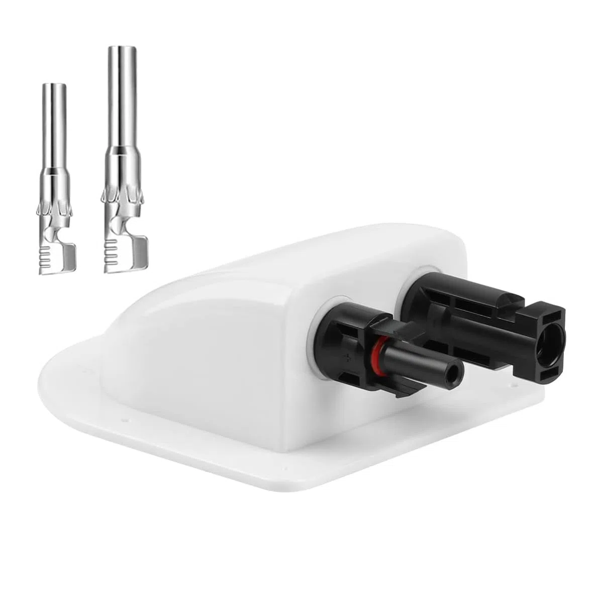 Caja de conexiones de cable doble curvado para entrada de energía solar con enchufes y tomas fotovoltaicas. Soporte para placa solar de ABS impermeable.