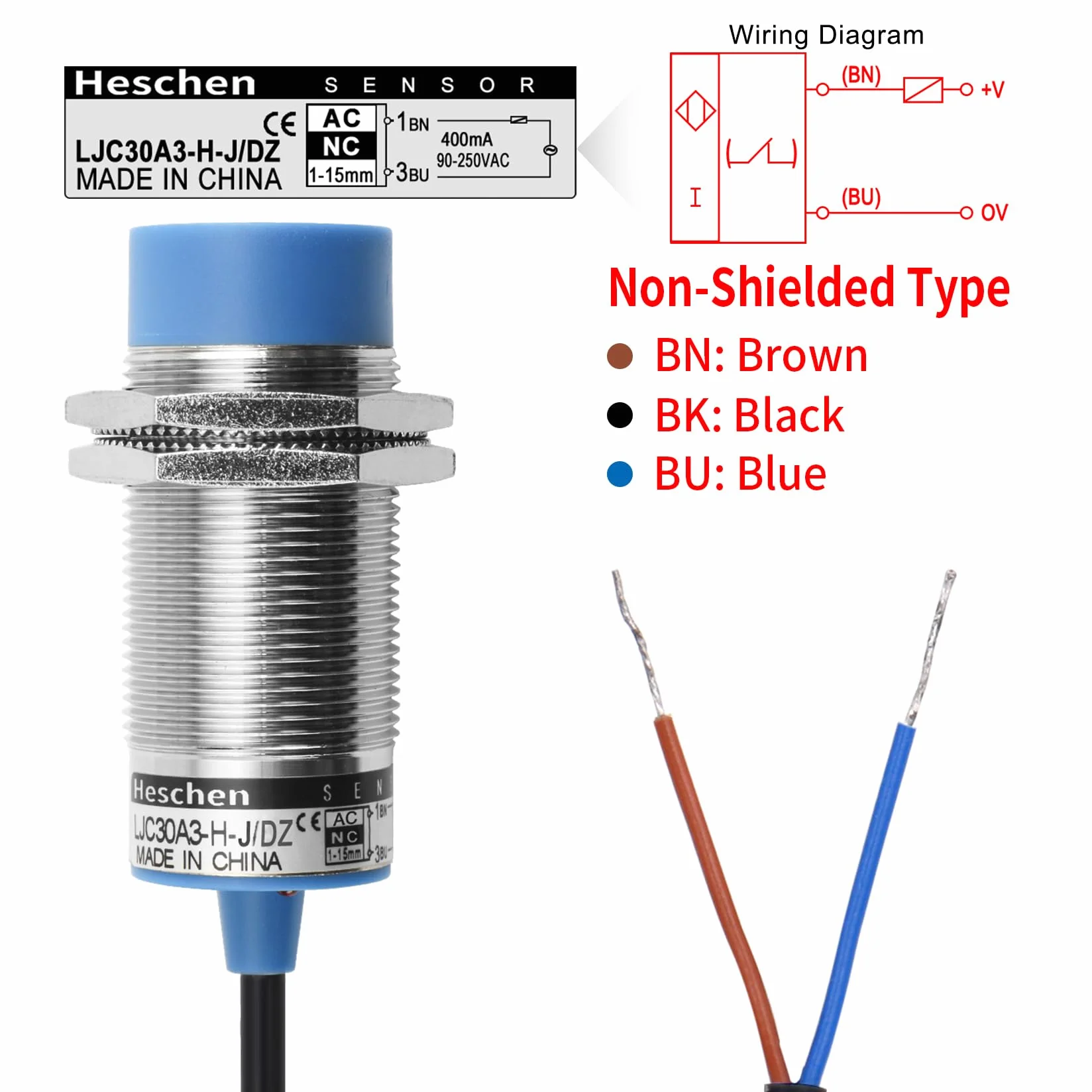 Heschen Sensor de proximidad capacitivo interruptor LJC30A3-H-J/DZ 1-15mm 90-250 VAC 400mA normalmente cerrado (NC) 2 cables
