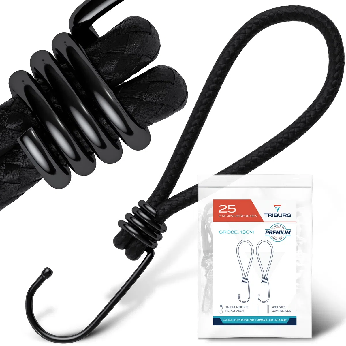 TRIBURG Expansor con ganchos [25 piezas / 13cm] | Goma tensora de alto rendimiento con ganchos | Goma tensora universal con ganchos para exteriores, hogar o sujeción de cargas