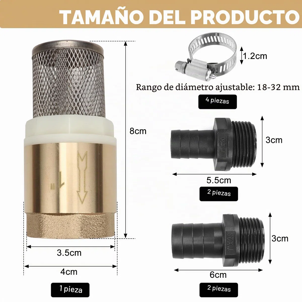 Válvula antirretorno de latón, 1 pulgada, filtro de succión con tope de retorno, válvula de pie, válvula antirretorno con 4 abrazaderas (18-32 mm) y 2 conexiones de manguera de 20 mm/Ø 25 mm