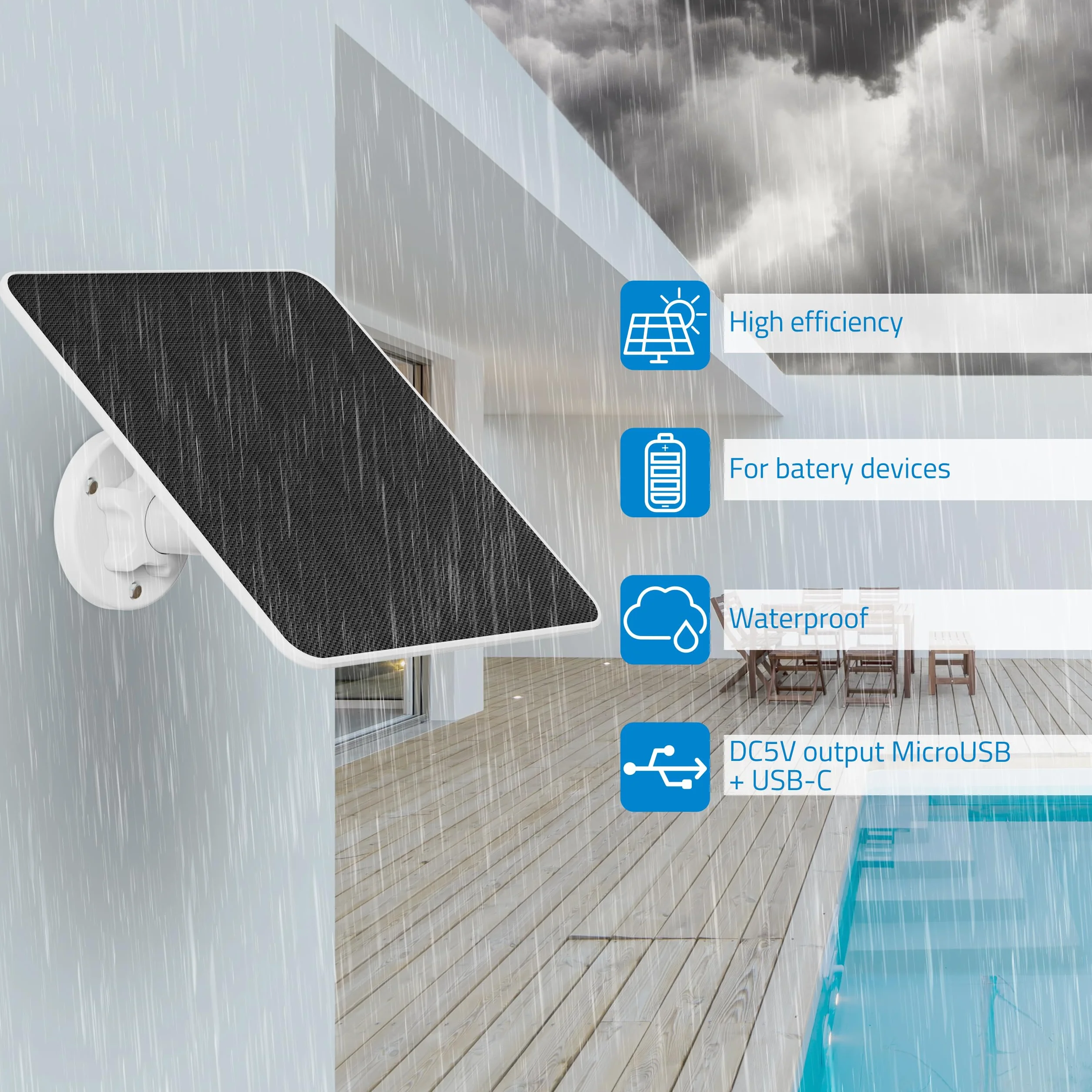 Panel Solar 6W NIVIAN para Cámaras de Seguridad IP, USB Tipo C y MicroUSB, Soporte Ajustable, Blanco, Plástico