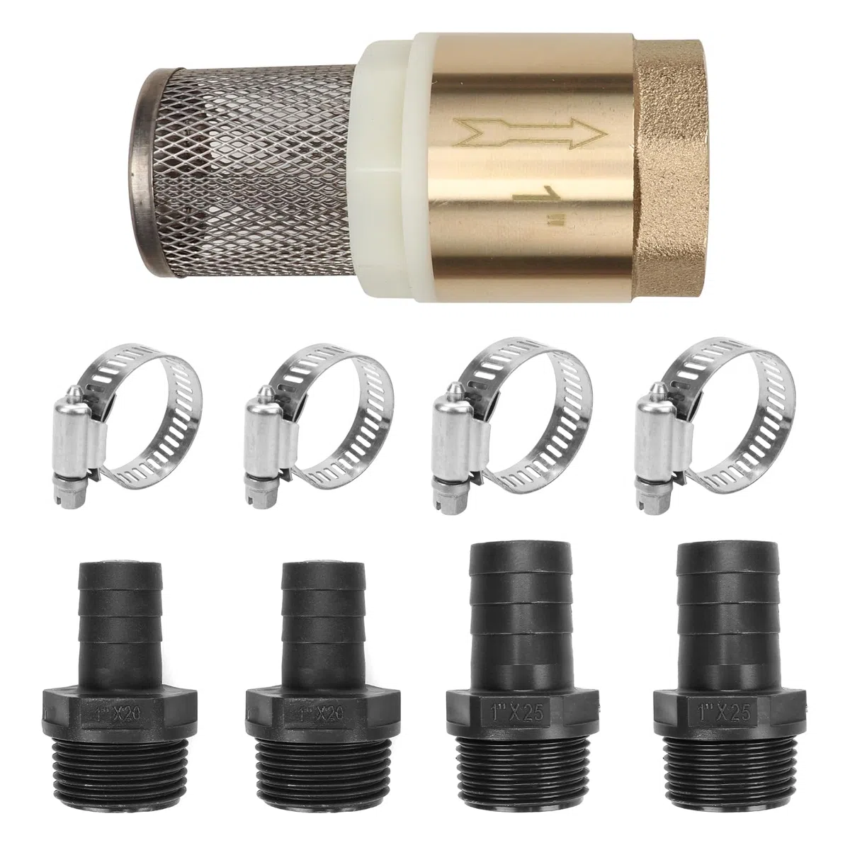 Válvula antirretorno de latón, 1 pulgada, filtro de succión con tope de retorno, válvula de pie, válvula antirretorno con 4 abrazaderas (18-32 mm) y 2 conexiones de manguera de 20 mm/Ø 25 mm