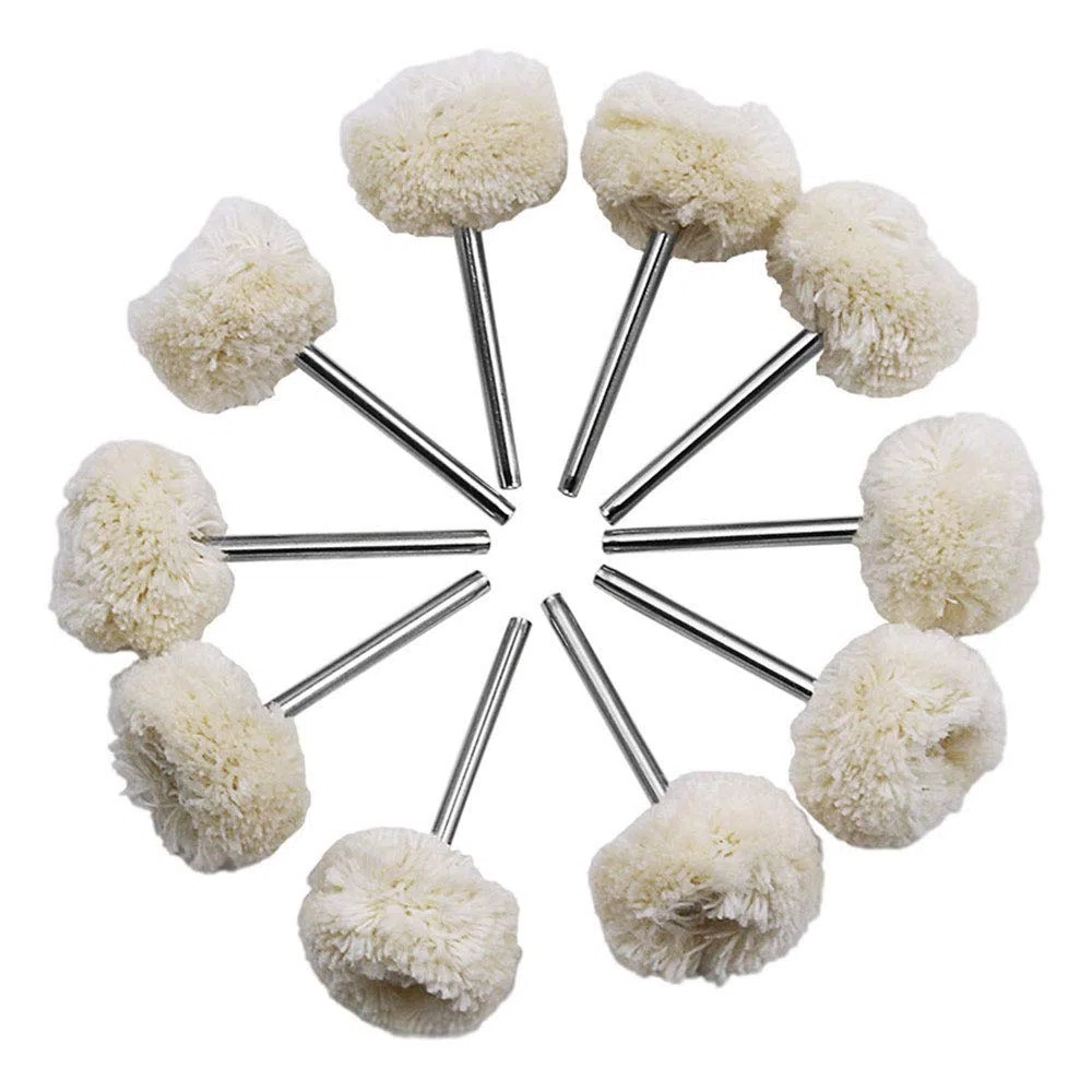 Disco de pulido para pulir ruedas abrasivas, juego de algodón Little Buff, rueda para taladro giratorio, herramienta Dremel, accesorios, reloj, joyas, pulido, mandril, 3 mm, 10 unidades