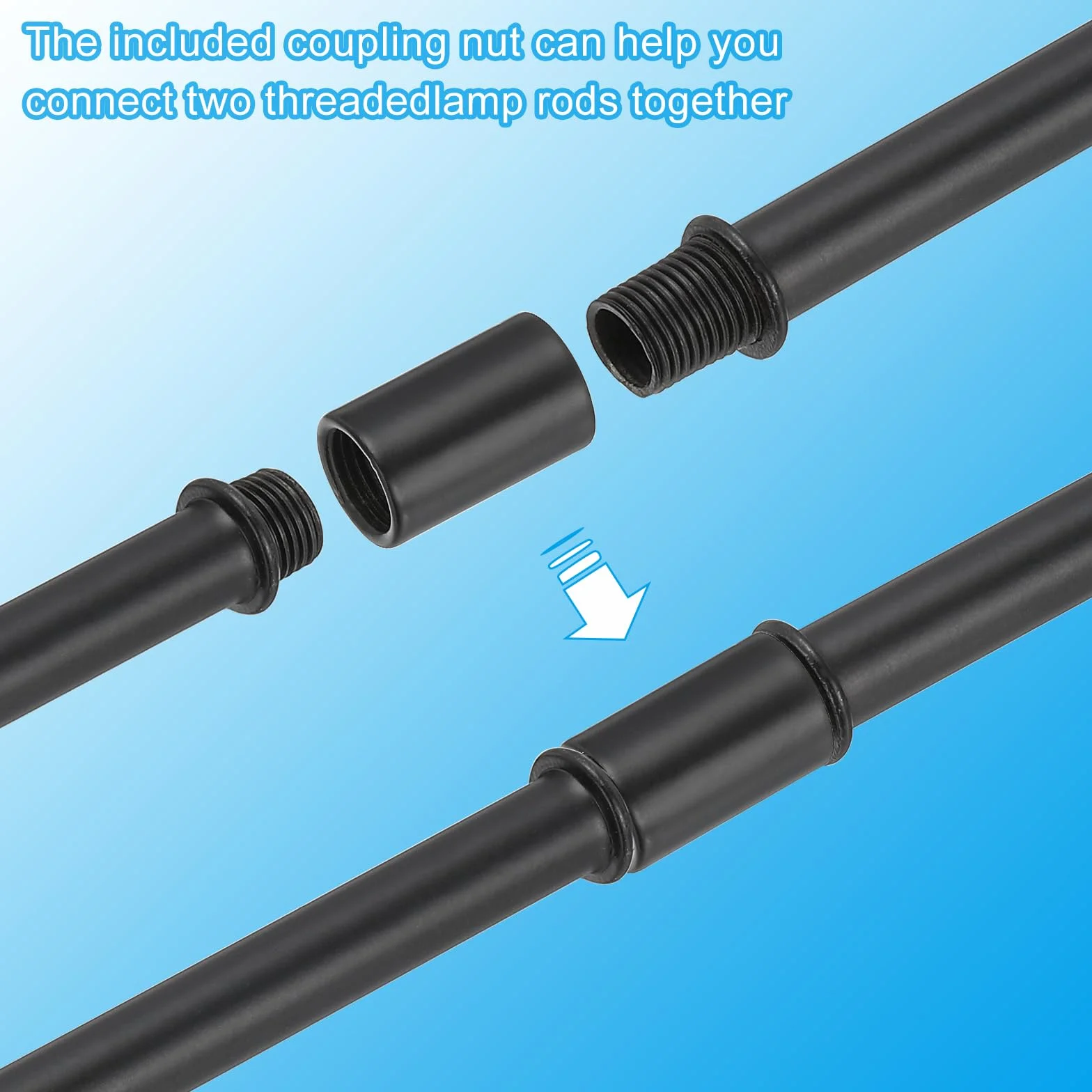 PATIKIL Kit de Varillas de Lámpara Recta, 4 Juegos de Varillas de Rosca Doble de Acero al Carbono M10 de 300 mm (11.81") de Largo con Tuerca de Acoplamiento y Conector de Manga, Negro