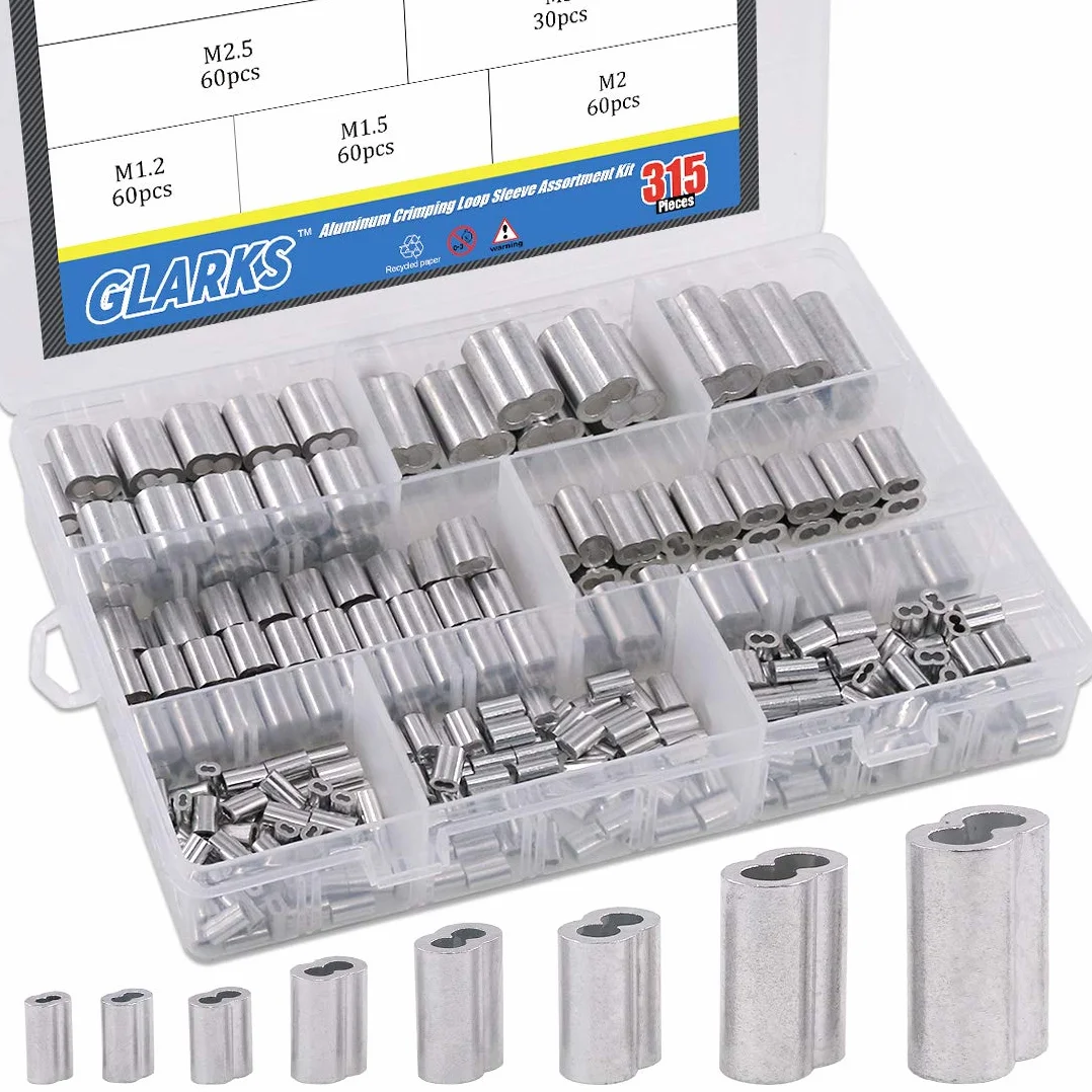 Glarks 315 piezas de 8 tamaños M1.2-M6 aluminio prensado manga doble barril virola para cuerda de alambre y línea de cable kit surtido