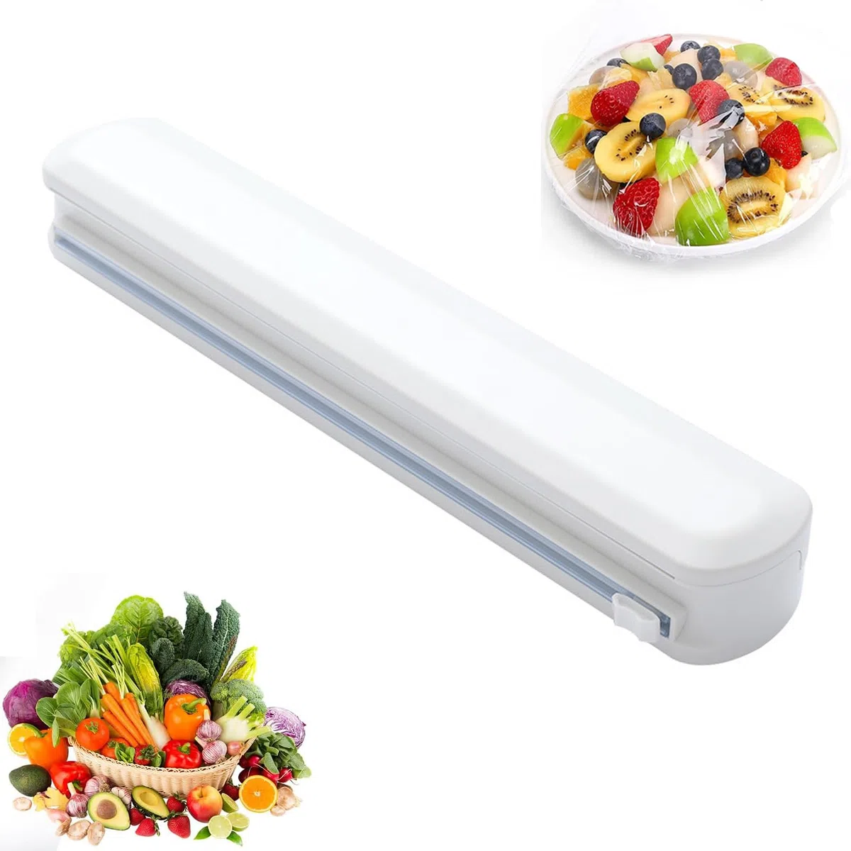 Dispensador de Película Plástica,Dispensador de Film Transparente de Plástico con Cortador Deslizante, Cortador de Film Transparente Para Cocina, Papel de Aluminio, Blanco