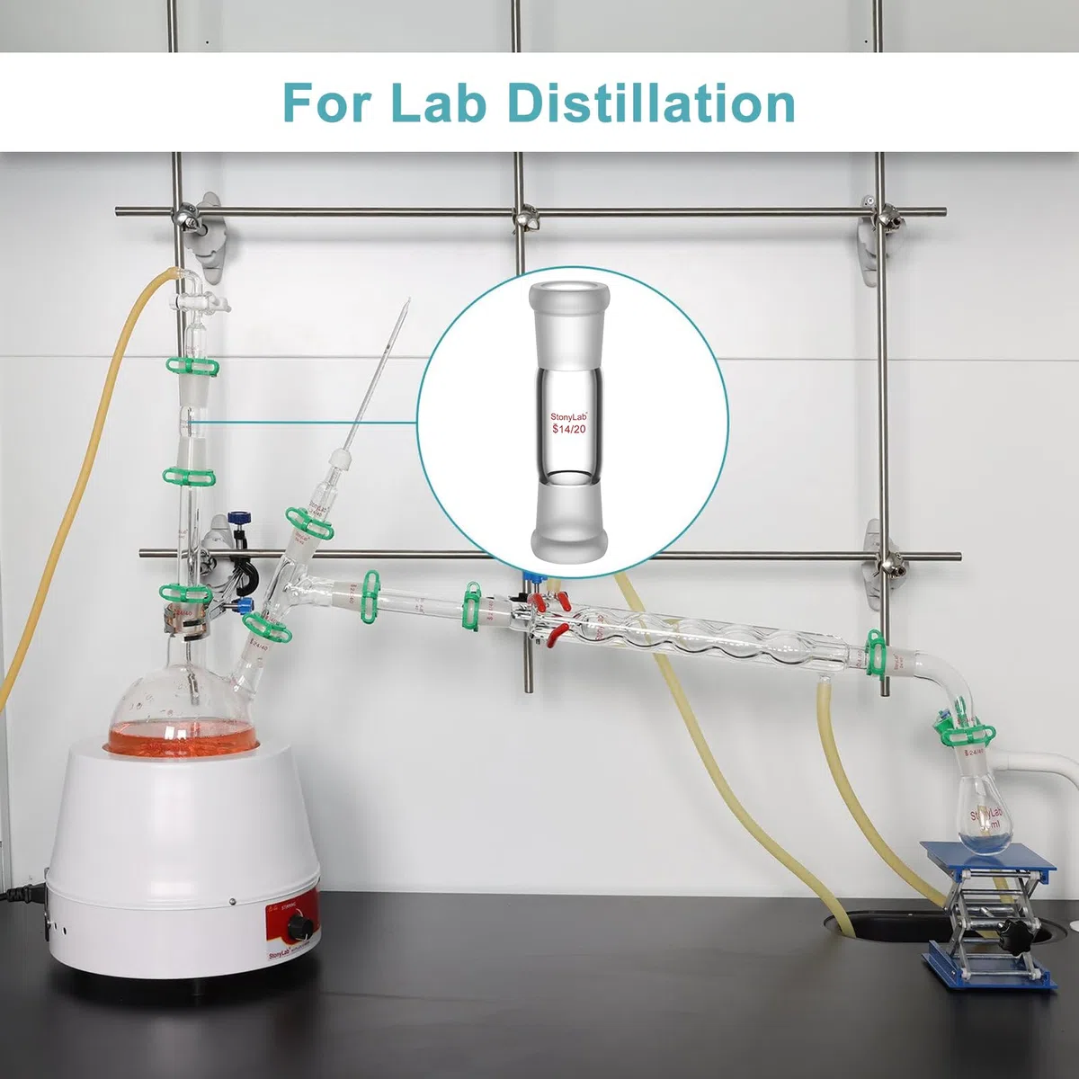 stonylab Adaptador Recto de Vidrio Borosilicato, 30 mm entre Dos Juntas Exteriores 14/20 para Laboratorio