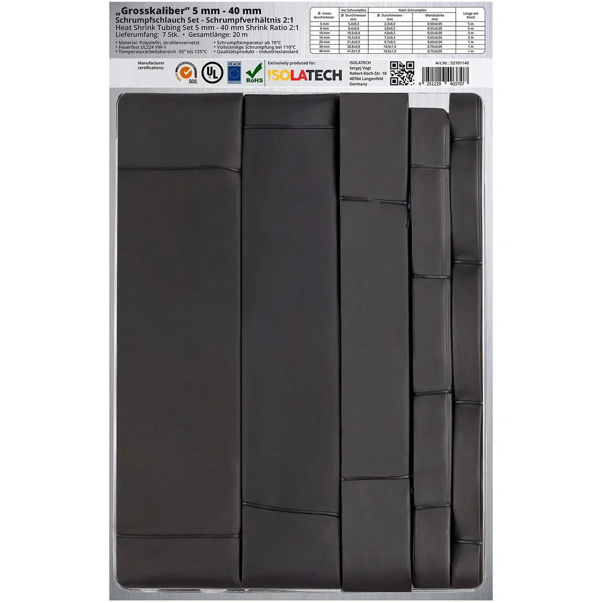 ISOLATECH gran calibre 20 metros 2:1 sin adhesivo tubo termoretráctil surtido juego negro sin etiquetar (5mm, 8mm, 10mm, 15mm, 20mm, 30mm, 40mm c/u por pieza) | En blanco, 5 mm, 8 mm, 10 mm, 15 mm, 20 mm, 30 mm y 40 mm, cada una por pieza, de poliolefina,