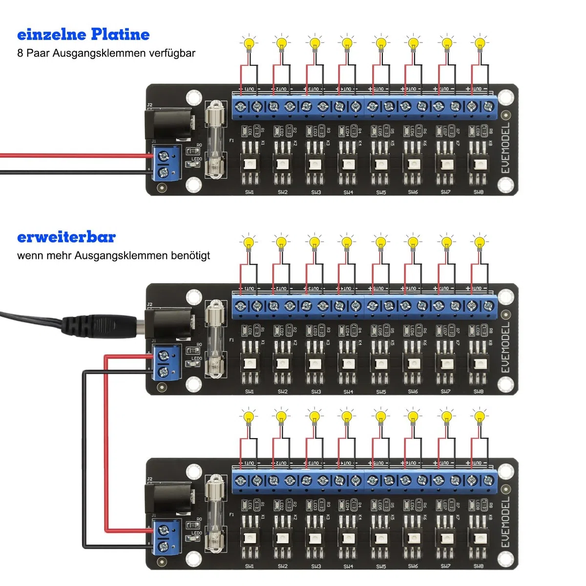 Evemodel 1 juego de interruptores de 3-24 V CC, interruptor de conmutación, distribuidor de corriente, regleta de distribución de corriente (8 interruptores)