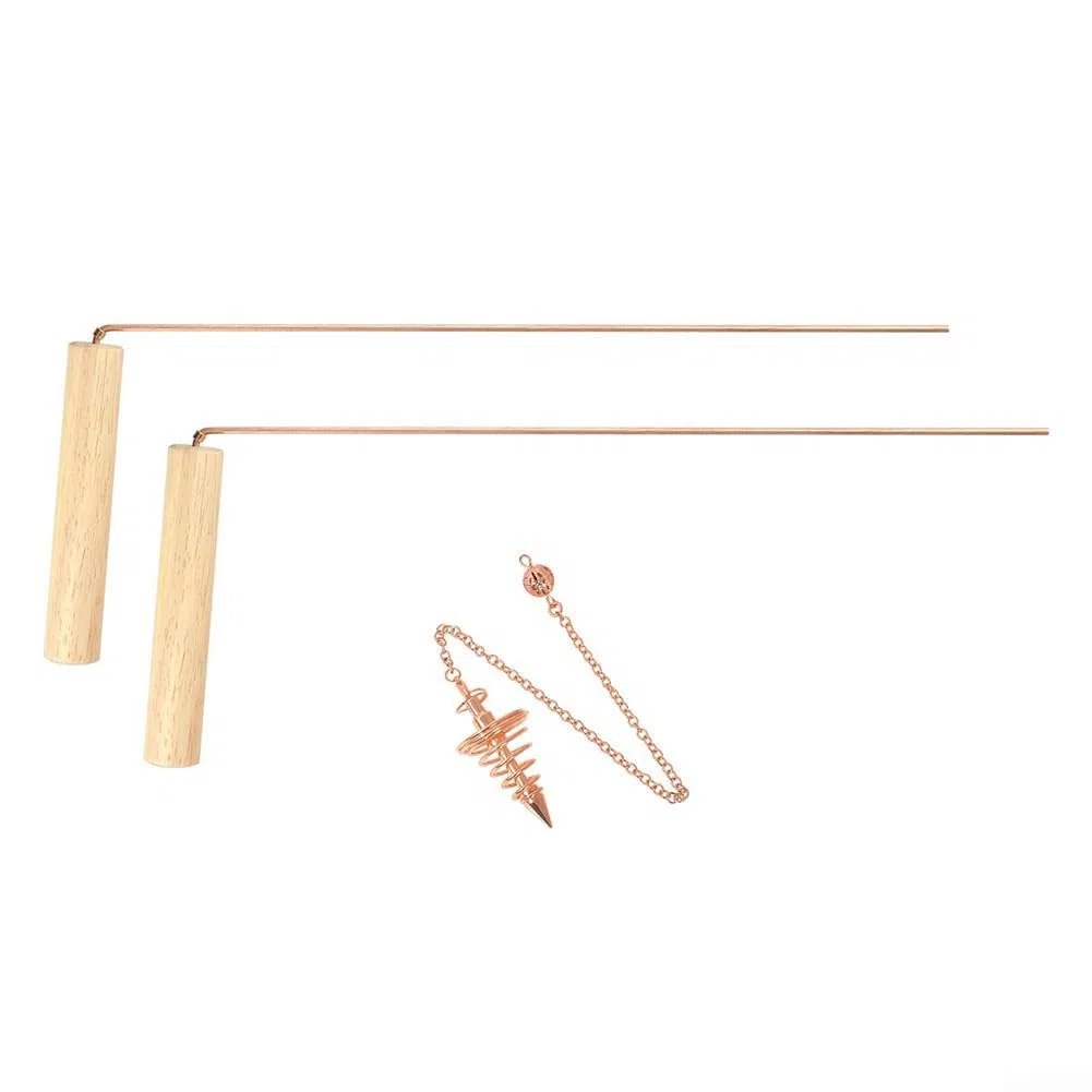 Par de varillas de radiestesia tradicionales fabricadas con cobre y mango de madera para localizar fuentes de agua ocultas