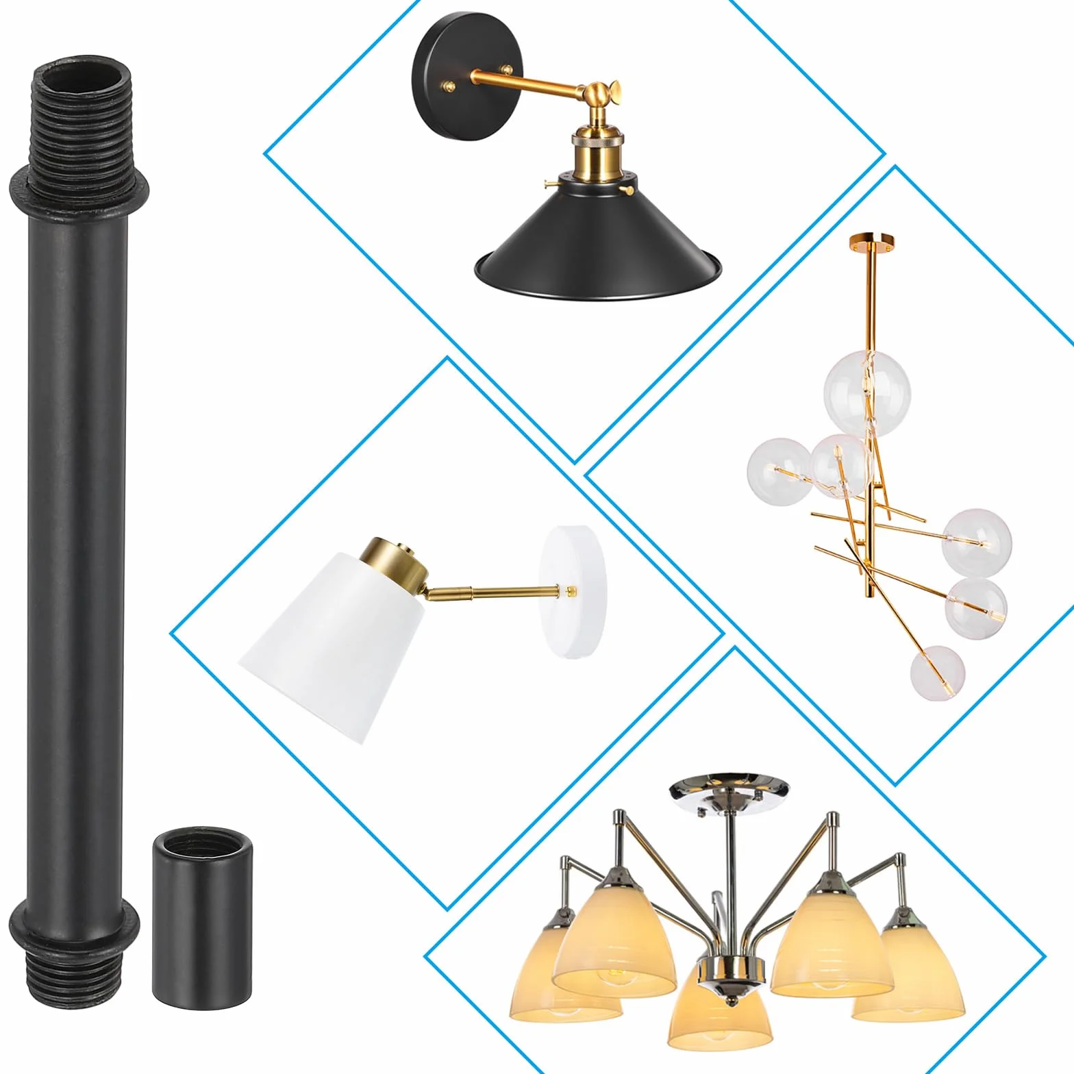 PATIKIL Kit de Varillas de Lámpara Recta, 4 Juegos de Varillas de Rosca Doble de Acero al Carbono M10 de 300 mm (11.81") de Largo con Tuerca de Acoplamiento y Conector de Manga, Negro