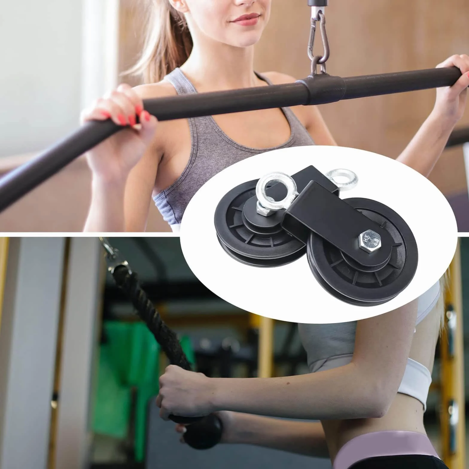 Juego de ruedas de polea de gimnasio, 90 mm de diámetro, capacidad de carga de 160 kg, color negro, con soportes de montaje (2 piezas)