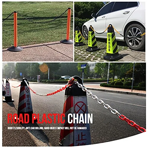 Cadena de eslabones de plástico, barrera de seguridad de plástico, bloque de advertencia de carretera, cadena de barrera de tráfico con 2 ganchos en S (5 m, negro)