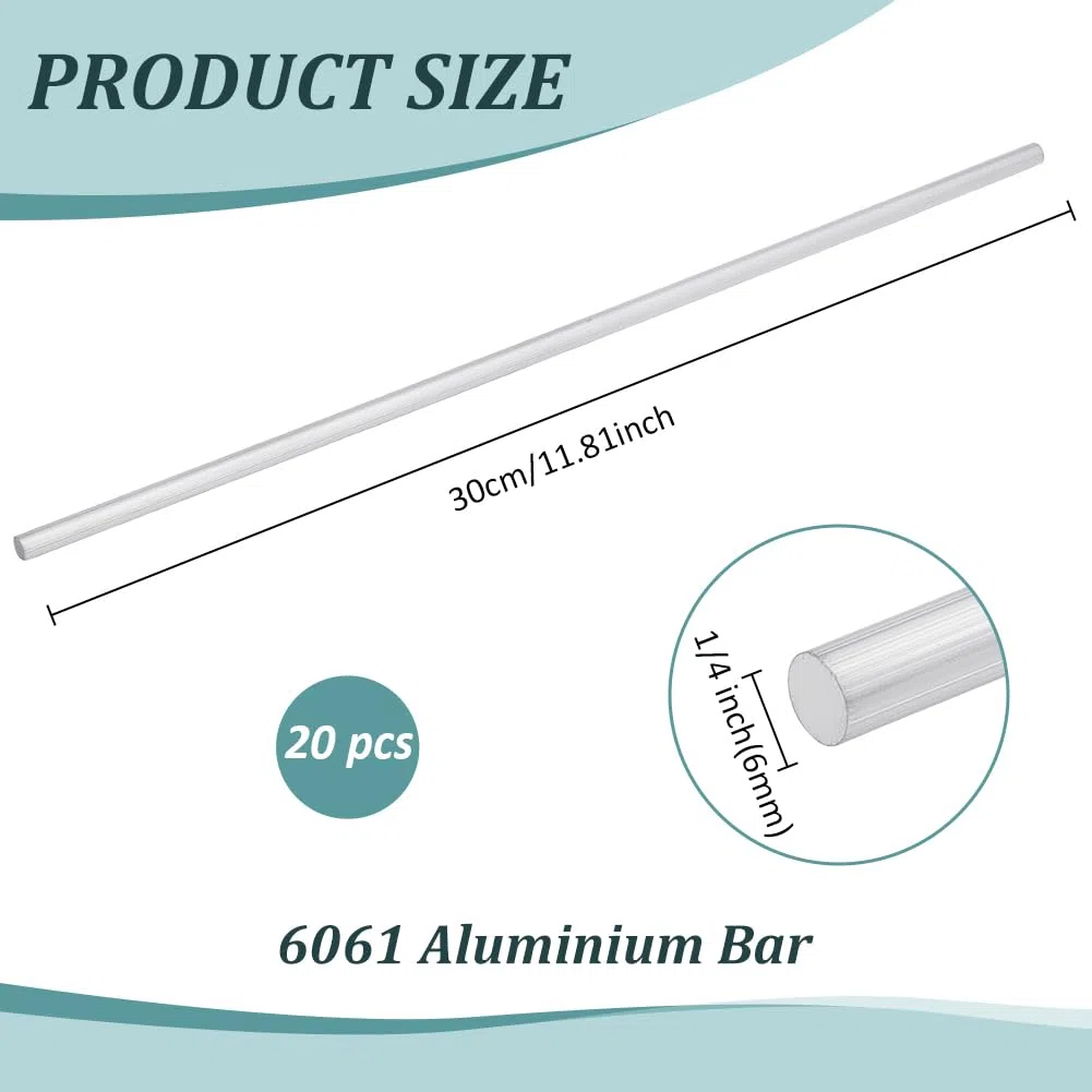 BENECREAT 20 barras redondas de aluminio 6061, 30 cm de largo x 6 mm de diámetro, barra de metal redonda para uso industrial, procesamiento de metal y bricolaje (acabado platino)