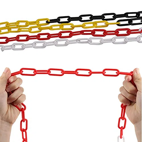 Cadena de eslabones de plástico, barrera de seguridad de plástico, bloque de advertencia de carretera, cadena de barrera de tráfico con 2 ganchos en S (5 m, negro)