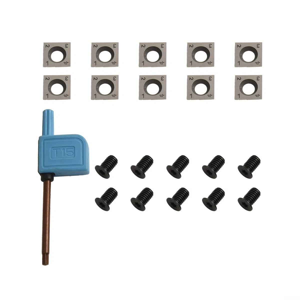 Hoja cuadrada de carburo de 14 x 14 x 2 mm para herramientas de torno de carpintería, hoja indexable, ángulo de corte de 30 grados, diseño de 4 lados, para madera ordinaria, 10 piezas, tornillos