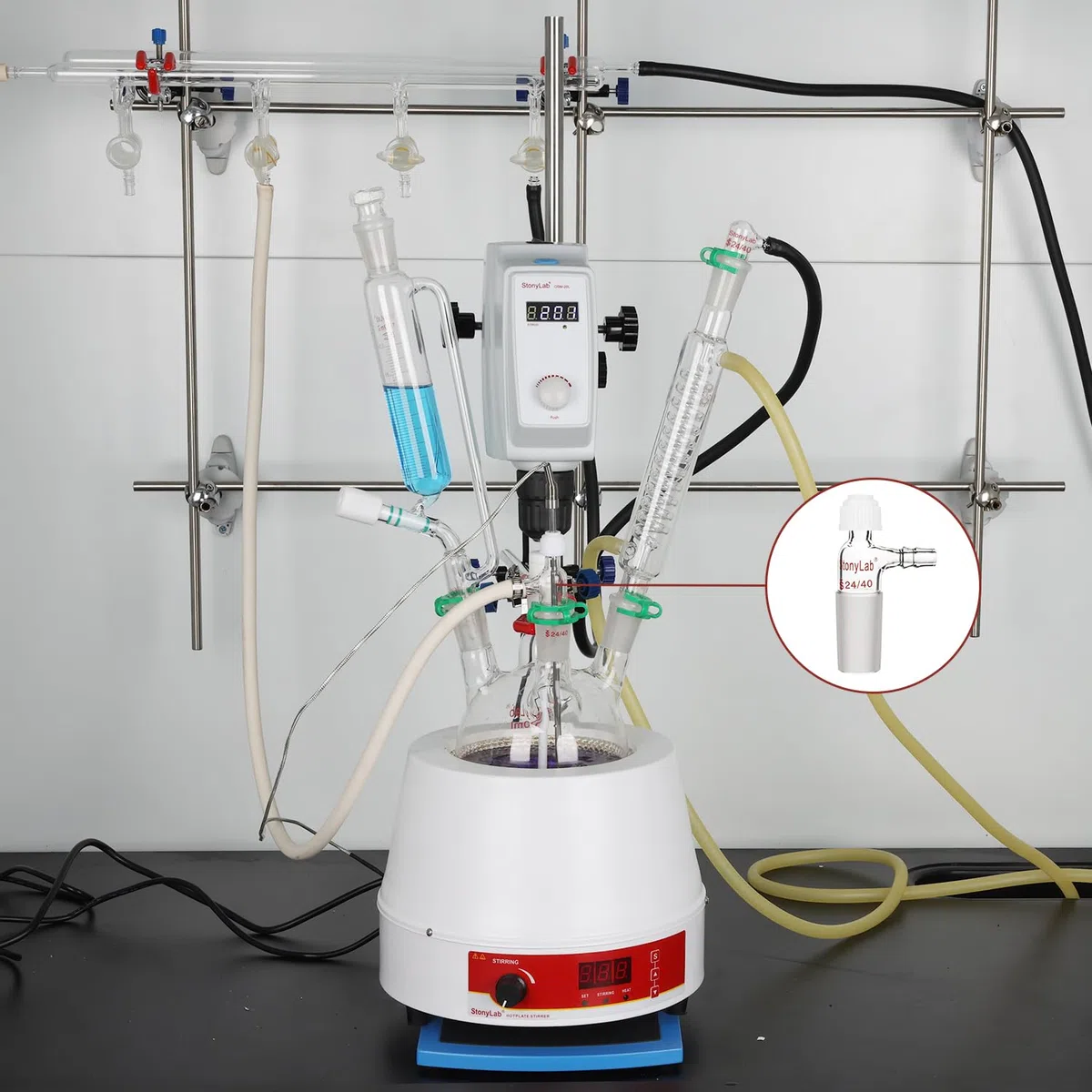 stonylab Adaptador de Vidrio, Junta 24/40 Inlet Adaptador de Termómetro con Dentado Lateral Conexión de Manguera y Tapa de Compresión Cristalería de Laboratorio
