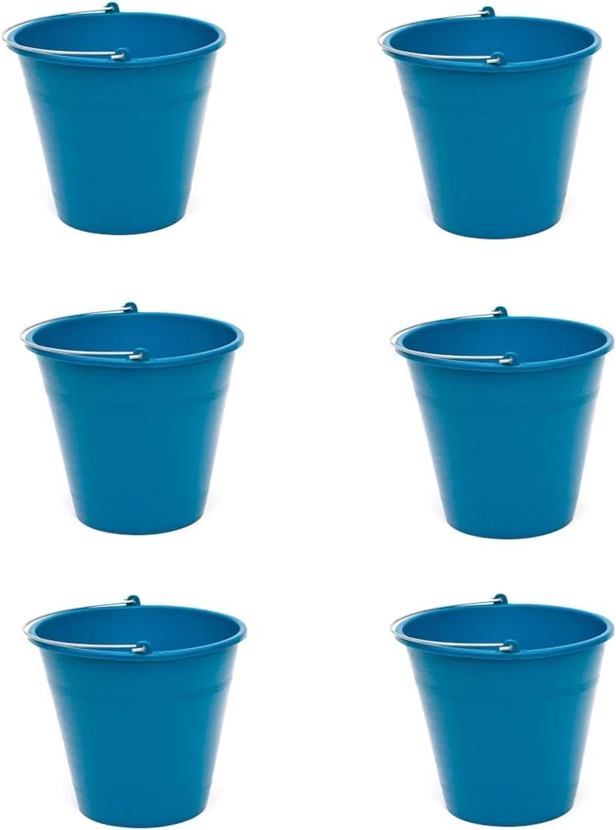 Pack de 6 Cubos de Goma Azul con Asa Metálica | 6 litros de Capacidad | 23,4 x 17,9 cm | Cubetas Multiusos para Limpieza, Uso Agrícola y Doméstico