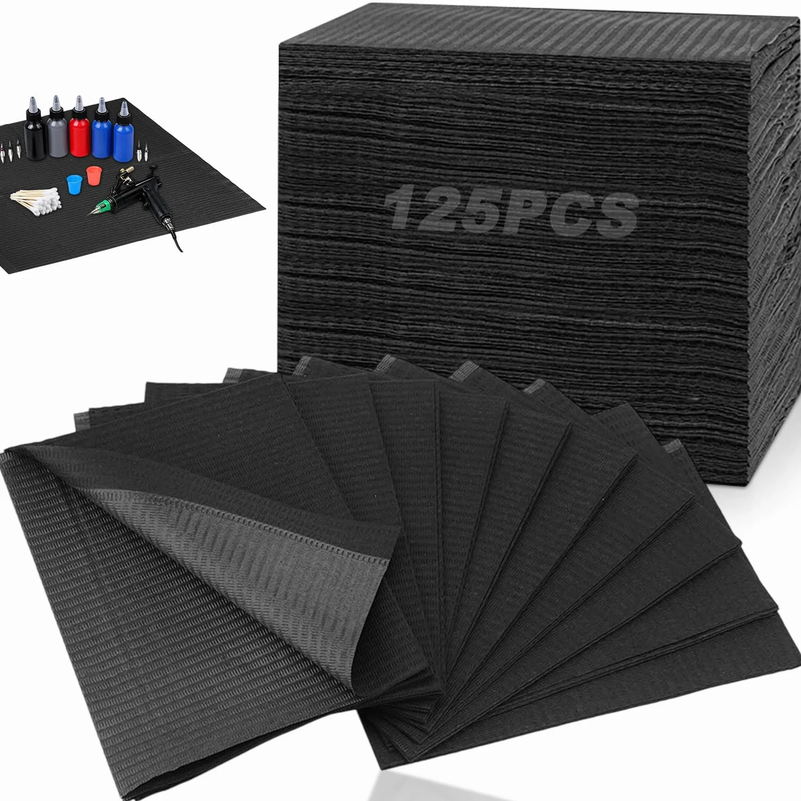 125Pcs Baberos Dentales Desechables, Sábana Tatuaje Desechable Impermeable 34x45cm, Fundas Tapete Mesa Tatuajes Cuadrado Negro 3 Capas para Limpieza Dentale, Salón de Uñas, Paciente Tela no Tejida