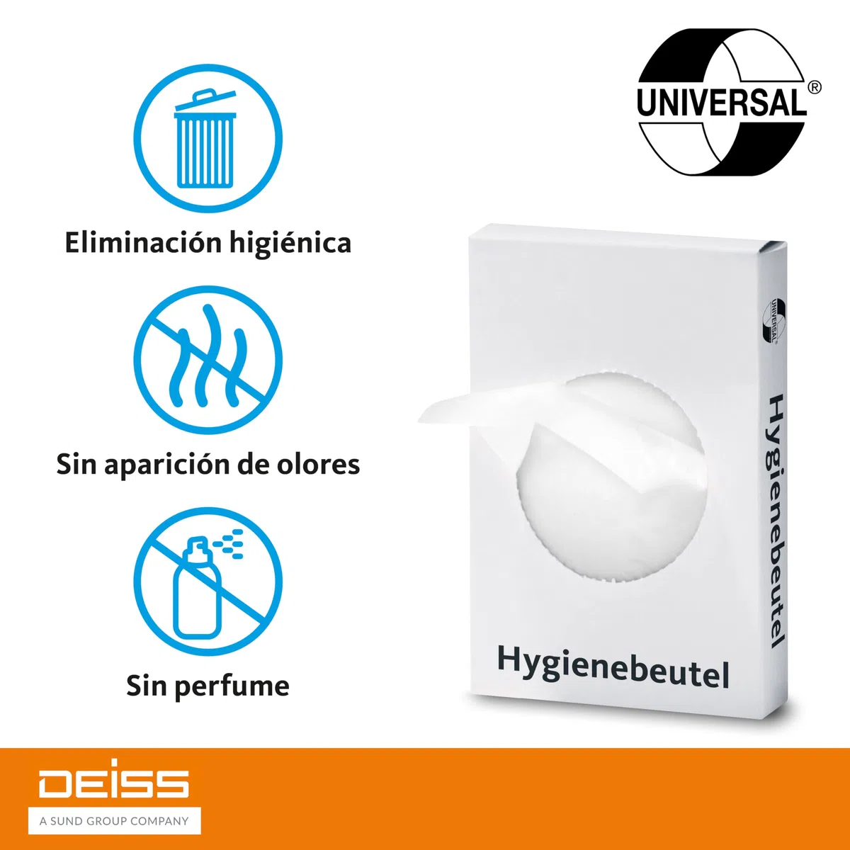 Bolsas higiénicas Deiss Universal, color blanco, 25 x 30 bolsas (750 unidades)