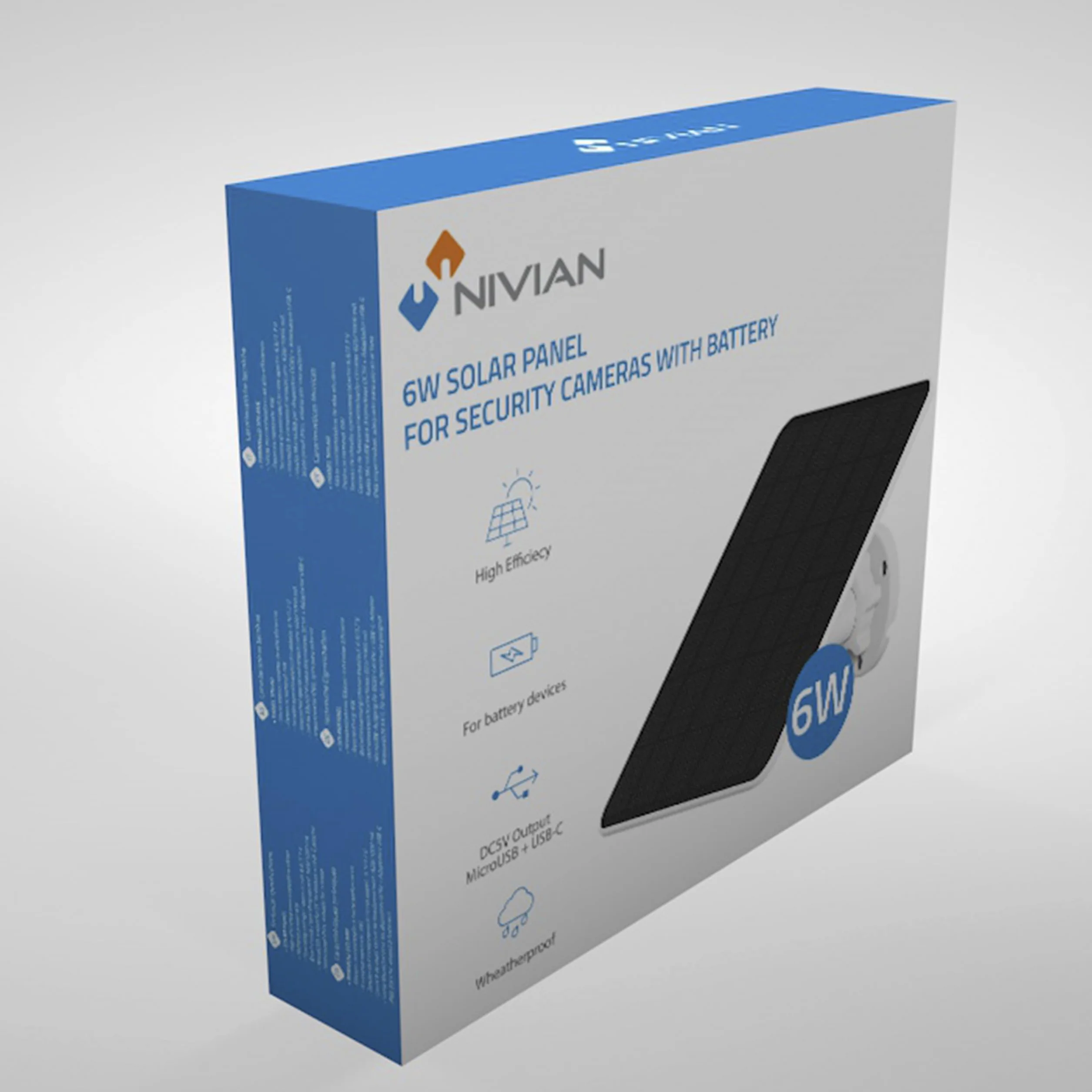 Panel Solar 6W NIVIAN para Cámaras de Seguridad IP, USB Tipo C y MicroUSB, Soporte Ajustable, Blanco, Plástico