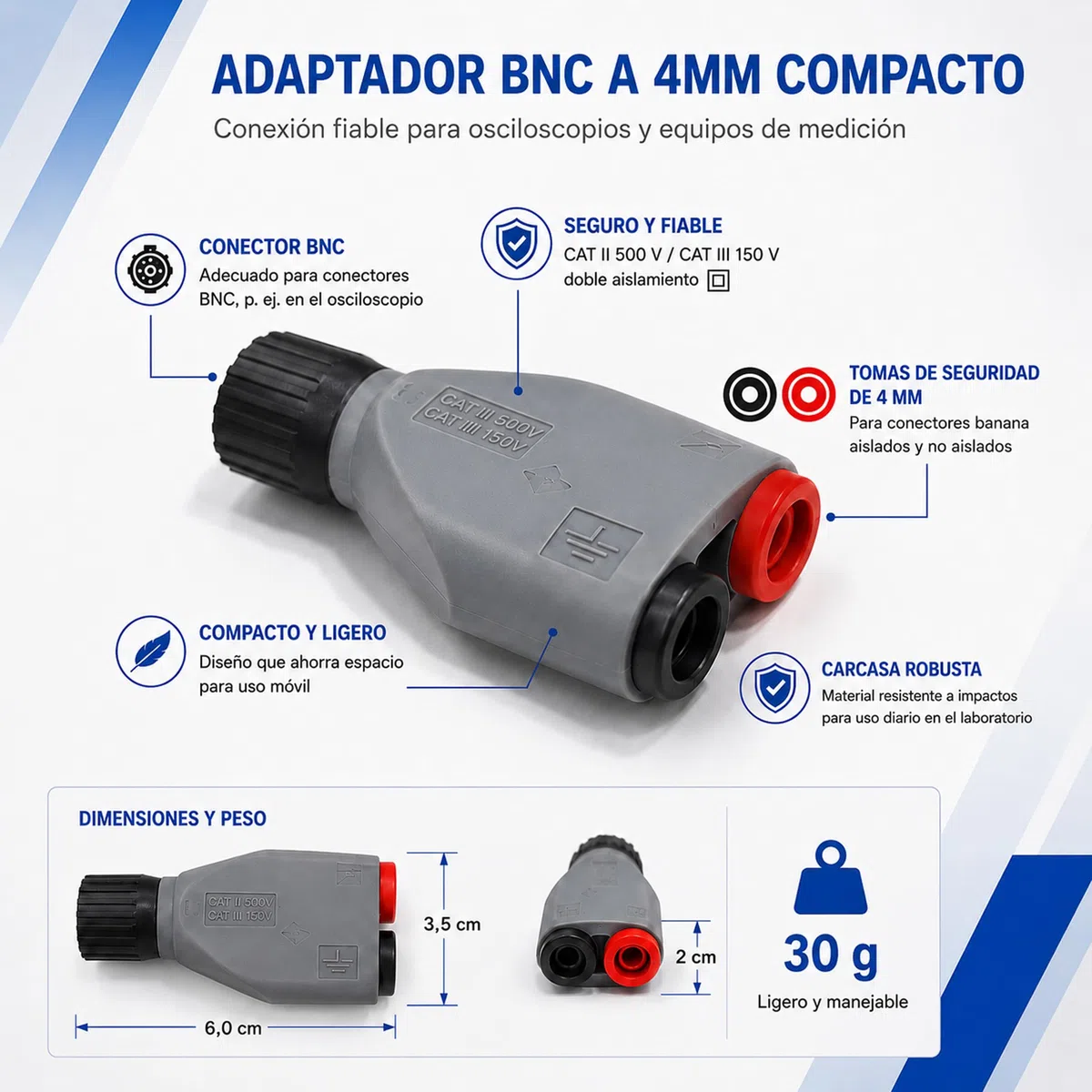 PeakTech, 7055 Adaptador BNC a Conectores Banana de 4 mm, Accesorios para osciloscopios, generadores de señales, contadores de frecuencia y Pinzas amperimétricas con Cable de Prueba de 4 mm