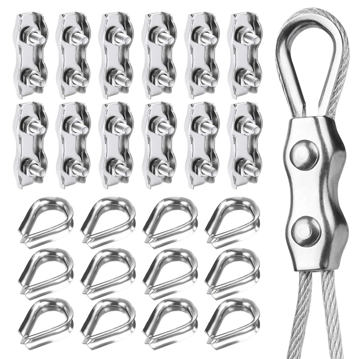 24 Piezas Abrazadera Dúplex y Cable Dedales,M4 Abrazadera Cable de Alambre de Acero Inoxidable,Doble Clip de Cuerdas de Alambre para Cables Acero 2-3 mm Tendederos y Colgante la Bandera