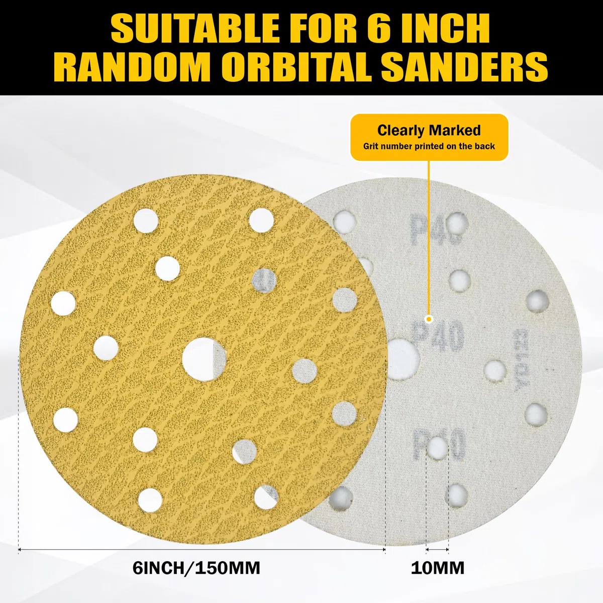 40 Piezas Discos para lijas 150mm, Grano 40, Base de Látex Antidesgarro para Mayor Durabilidad - Ideal para Lijadora Excéntrica, Orbital y Proyectos de Madera/Metal